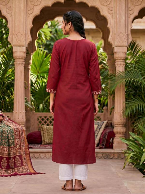 Red Cotton Embroidered Kurti for Women (Straight Fit) Thumbnail