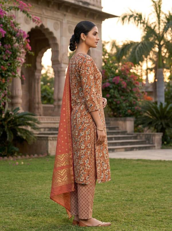 Rust Orange Cotton Printed Kurti Pant Dupatta Set (3 Pc Ethnic Set) Thumbnail