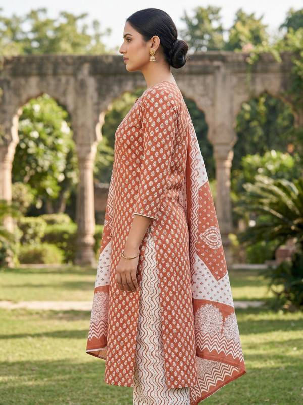 Rust Brown Cotton Printed Kurti Pant Dupatta Set (3 Pc Ethnic Set)