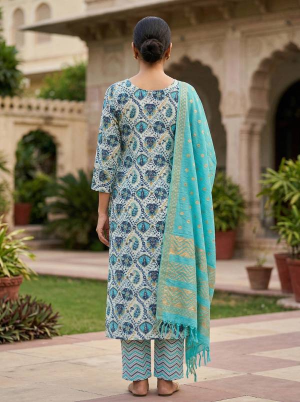 Sky Blue Cotton Printed Kurti Pant Dupatta Set (3 Pc Ethnic Set) Thumbnail