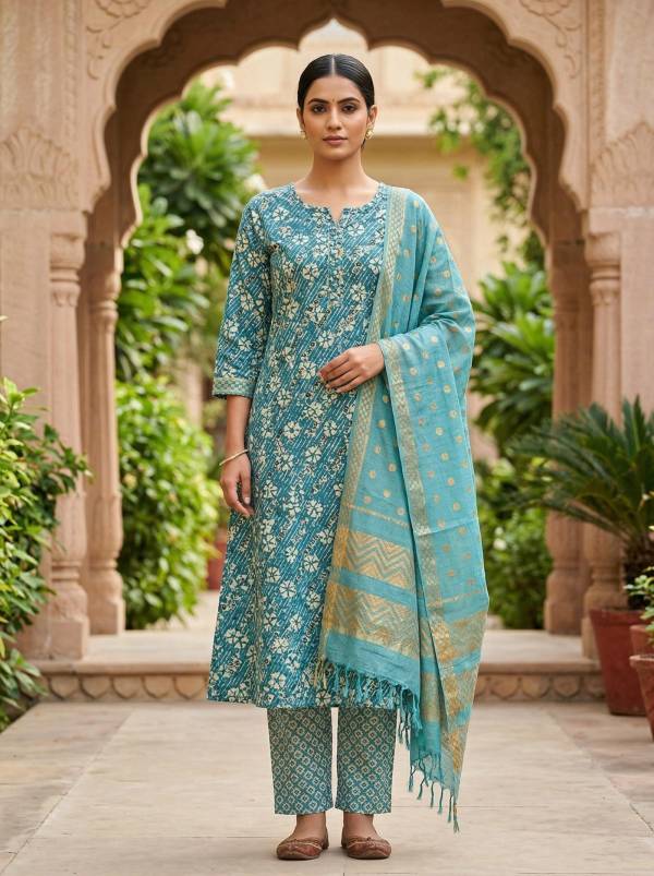Teal Blue Cotton Printed Kurti Pant Dupatta Set (3 Pc Ethnic Set)