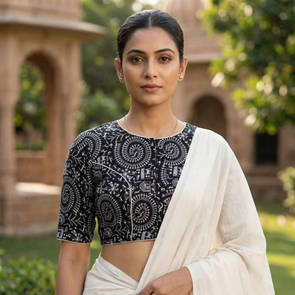 Black Madhubani Printed Cotton Blouse Half Sleeve (Size 30–42) Thumbnail