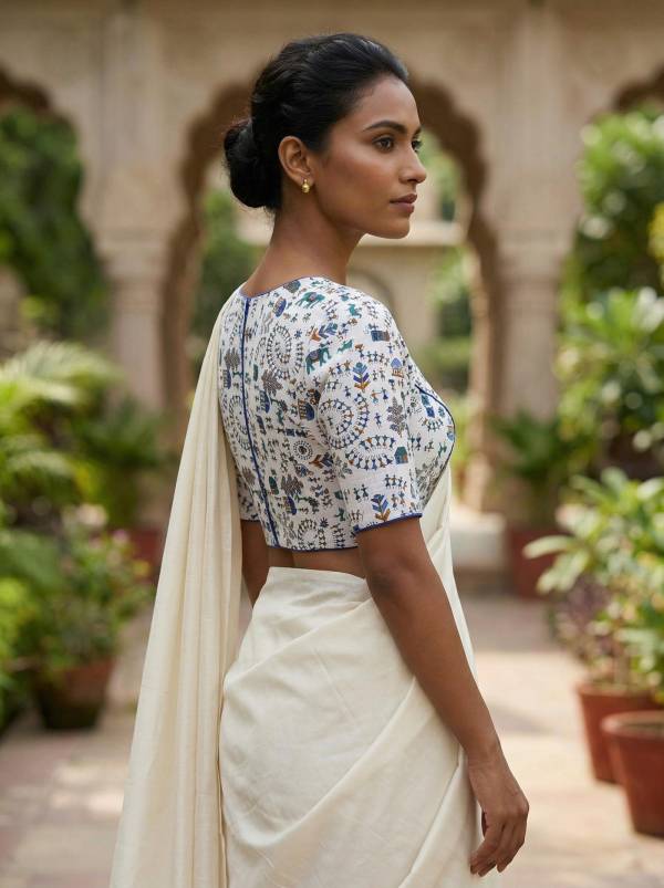 White Blue Madhubani Printed Cotton Blouse Half Sleeve (Size 30–42) Thumbnail