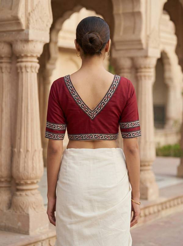 Maroon Pure Cotton Designer Blouse with Back V Neck & Border (Size 30–44)