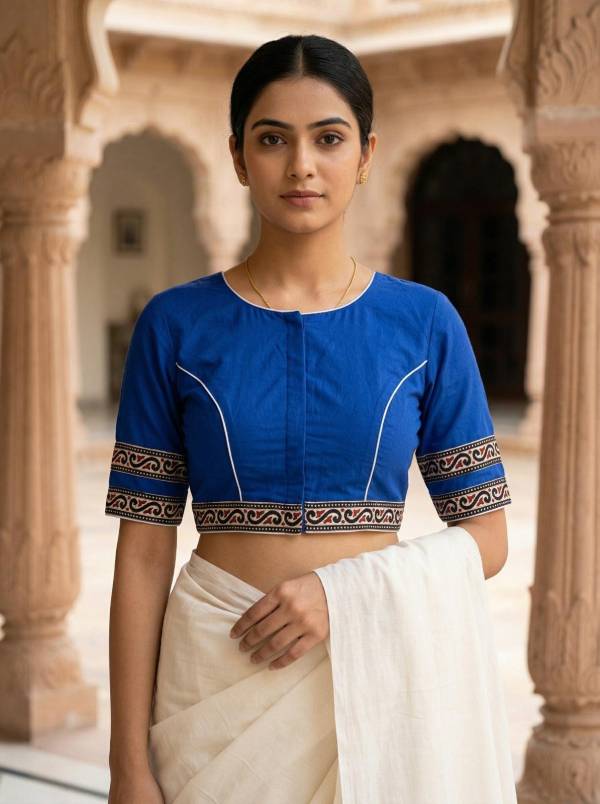 Royal Blue Pure Cotton Saree Blouse – V Neck, Front Hook (Sizes 30–42) Thumbnail