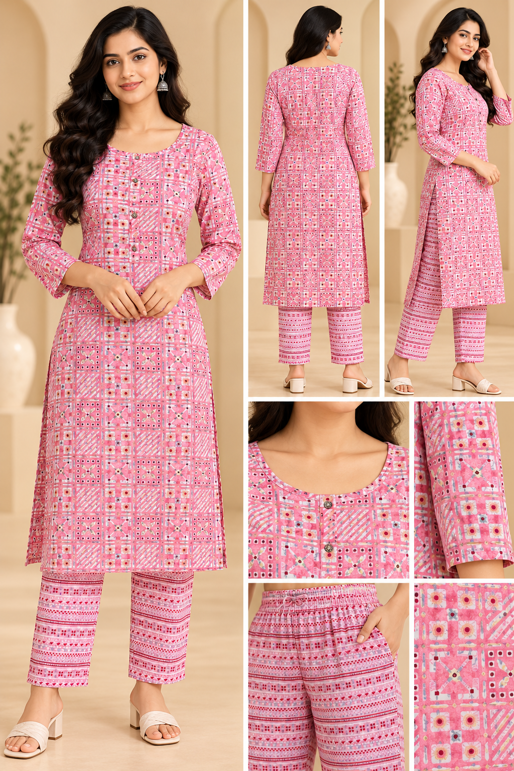 Women Pink Printed Kurta Pant Set | Geometric Print 2 Piece Ethnic Wear