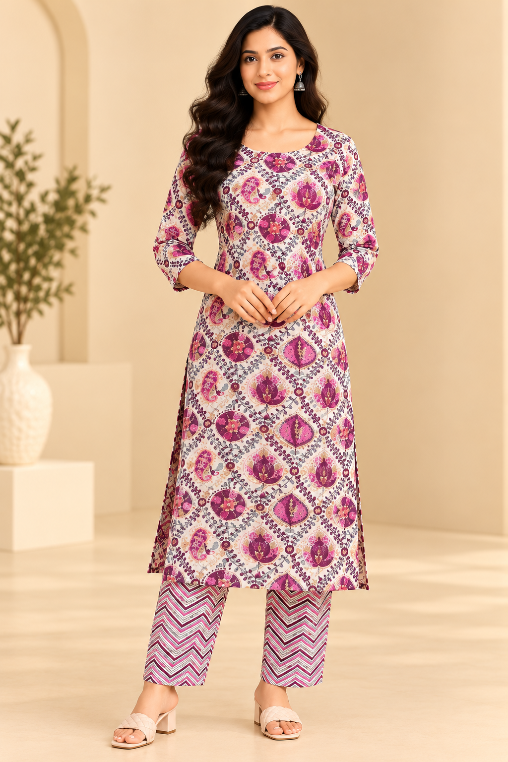 Women Cream Printed Kurta Pant Set | Magenta Paisley Print Ethnic Wear Thumbnail