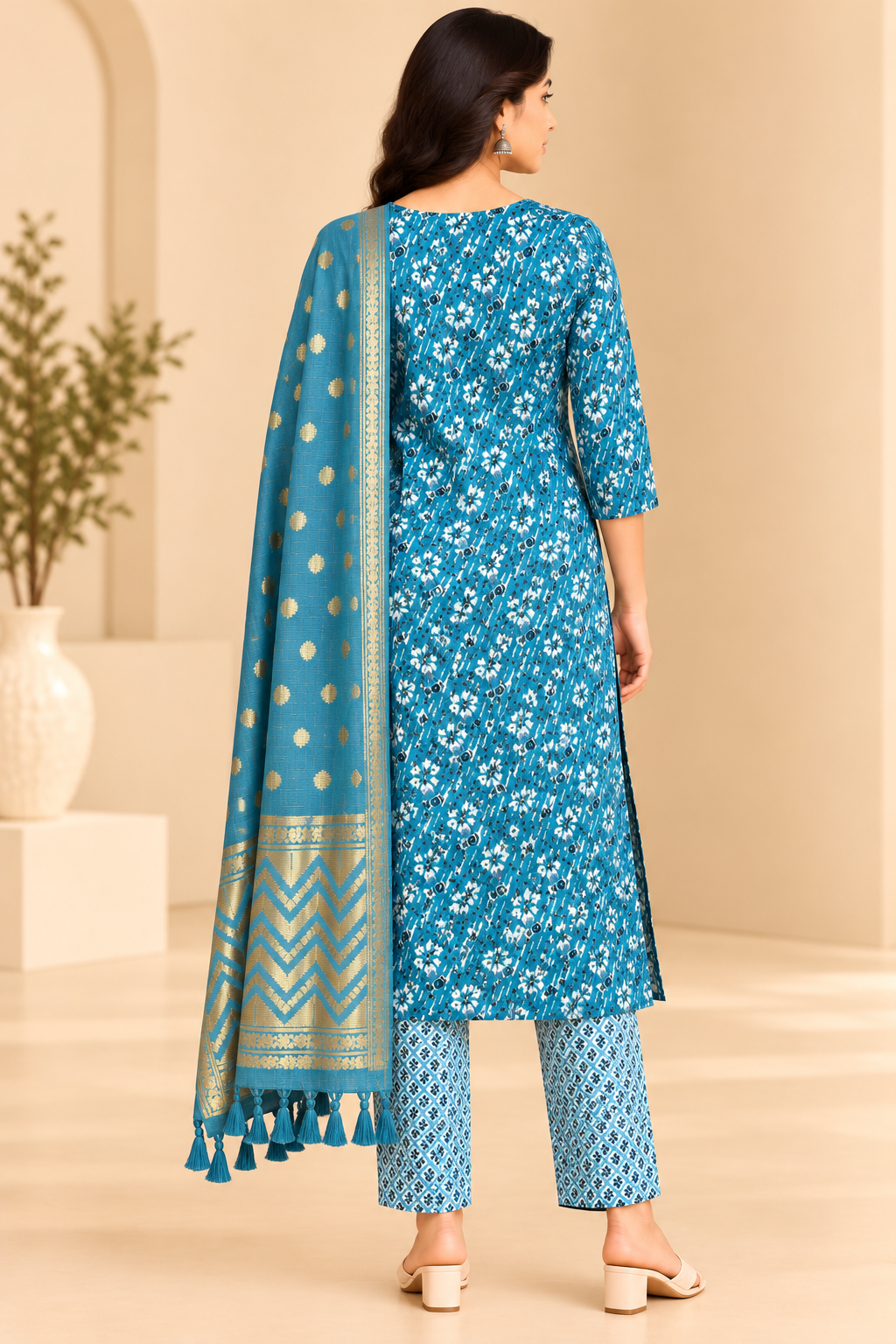 Women Teal Blue Printed Kurta Pant Dupatta Set | 3 Piece Ethnic Wear Suit Thumbnail