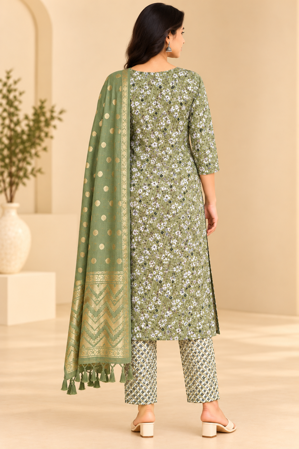 Women Sage Green Printed Kurta Pant Dupatta Set | 3 Piece Ethnic Wear Suit Thumbnail