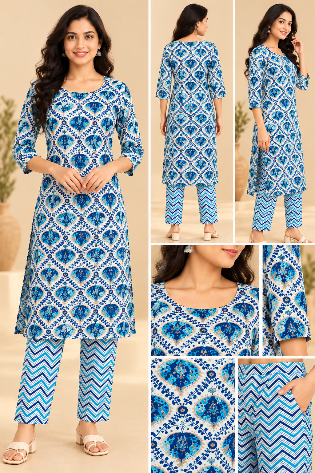 Women Blue & White Printed Kurti Pant Set | 3/4 Sleeve Ethnic Wear Co-ord Set