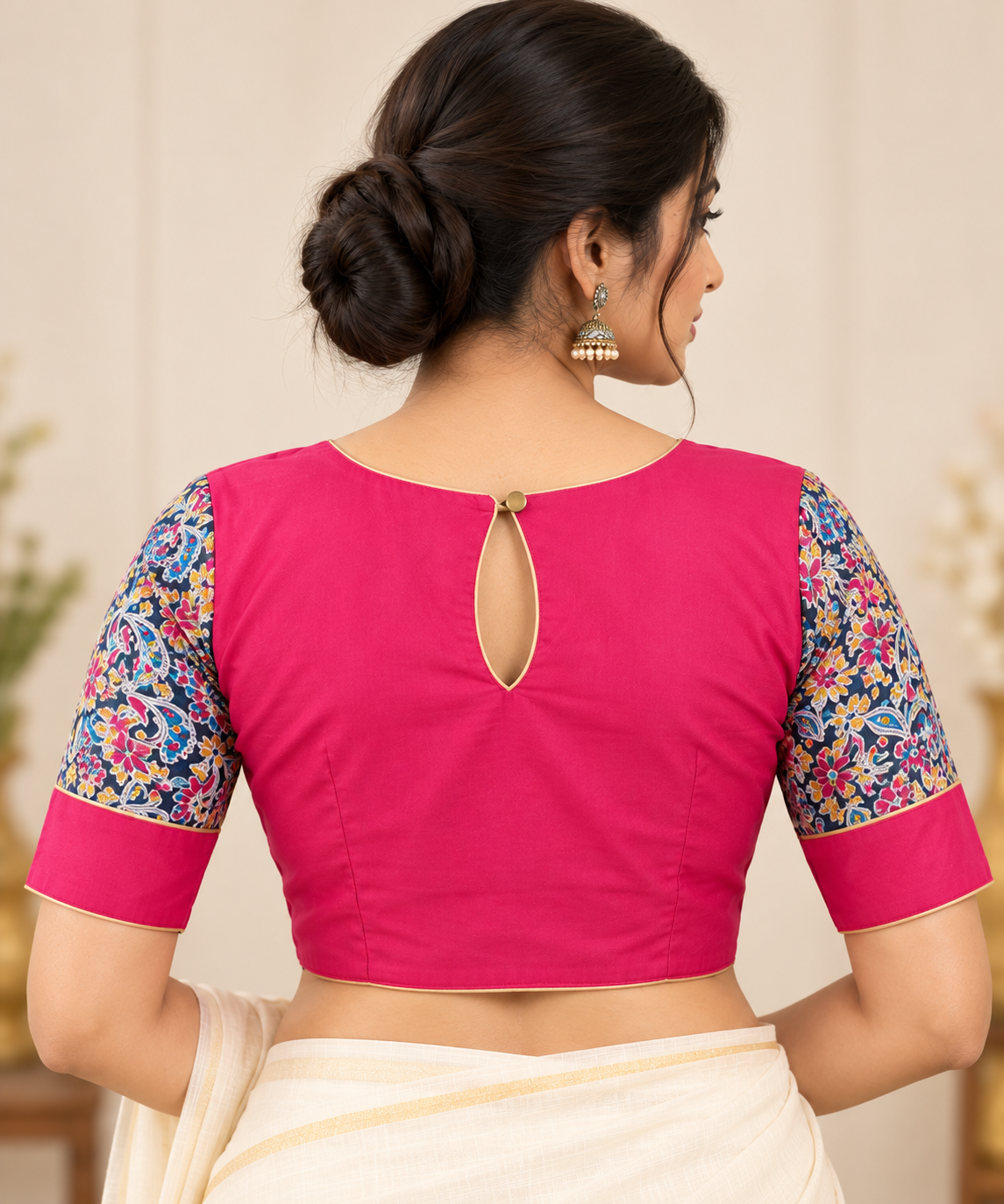 Fuchsia Pink Designer Saree Blouse with Printed Sleeves and Golden Piping Thumbnail
