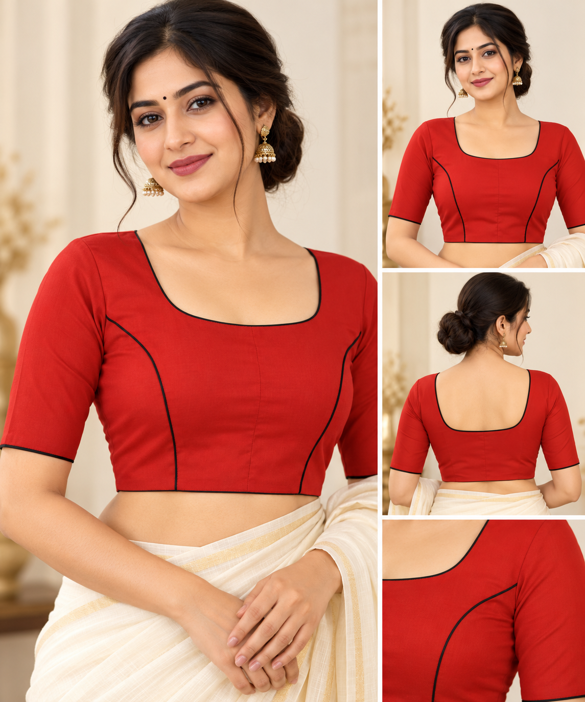 Red Designer Saree Blouse for Women with Black Piping and Square Neckline Thumbnail