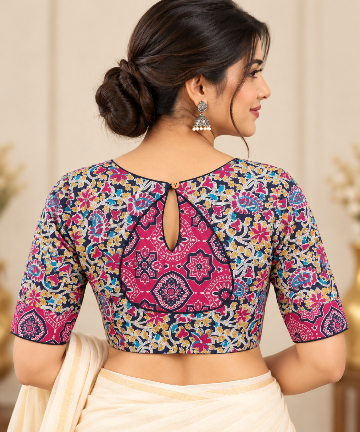 Multicolor Floral Printed Designer Saree Blouse with Pink Contrast Back Panel Thumbnail