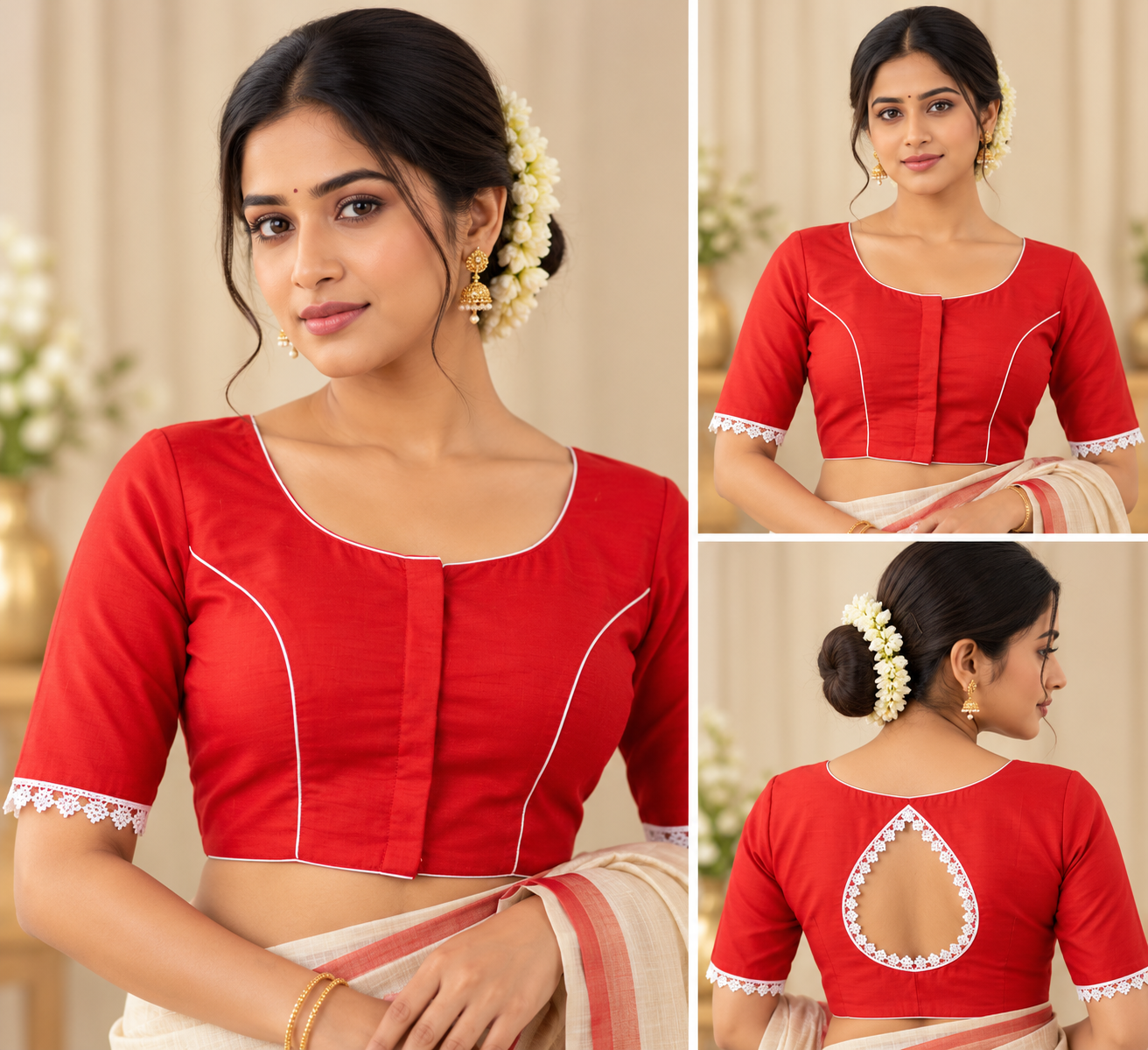 Red Designer Saree Blouse with White Lace Teardrop Back Cutout and Half Sleeves Thumbnail