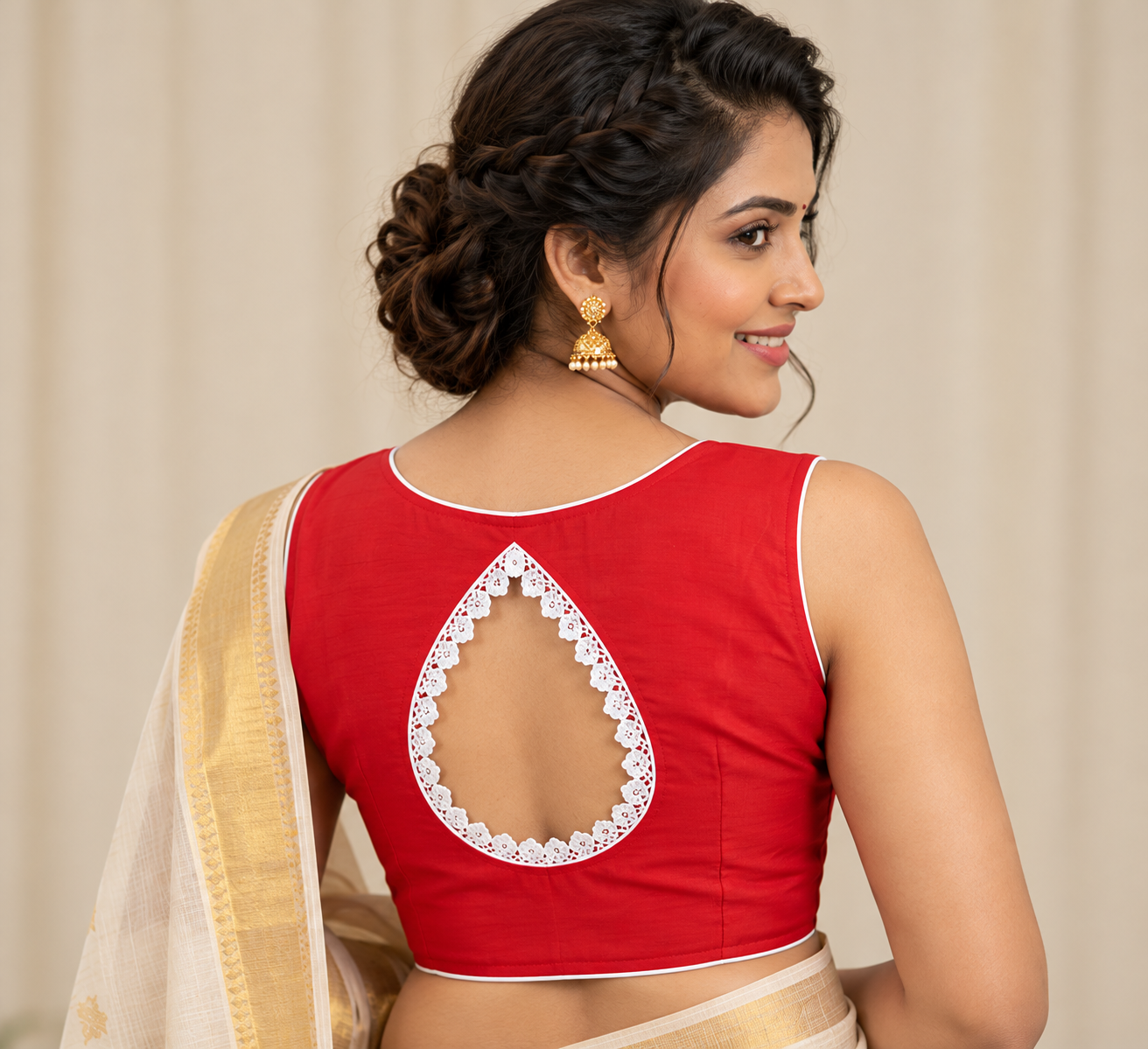 Red Designer Sleeveless Saree Blouse with White Lace Teardrop Back Cutout Thumbnail