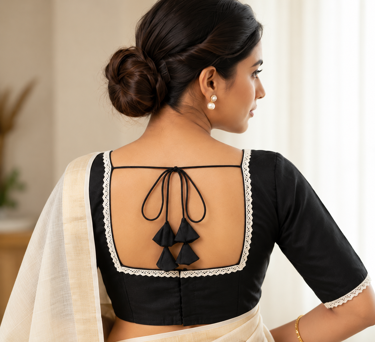Black Designer Saree Blouse with White Lace Trim, Square Neck and Back Tie Tassels Thumbnail
