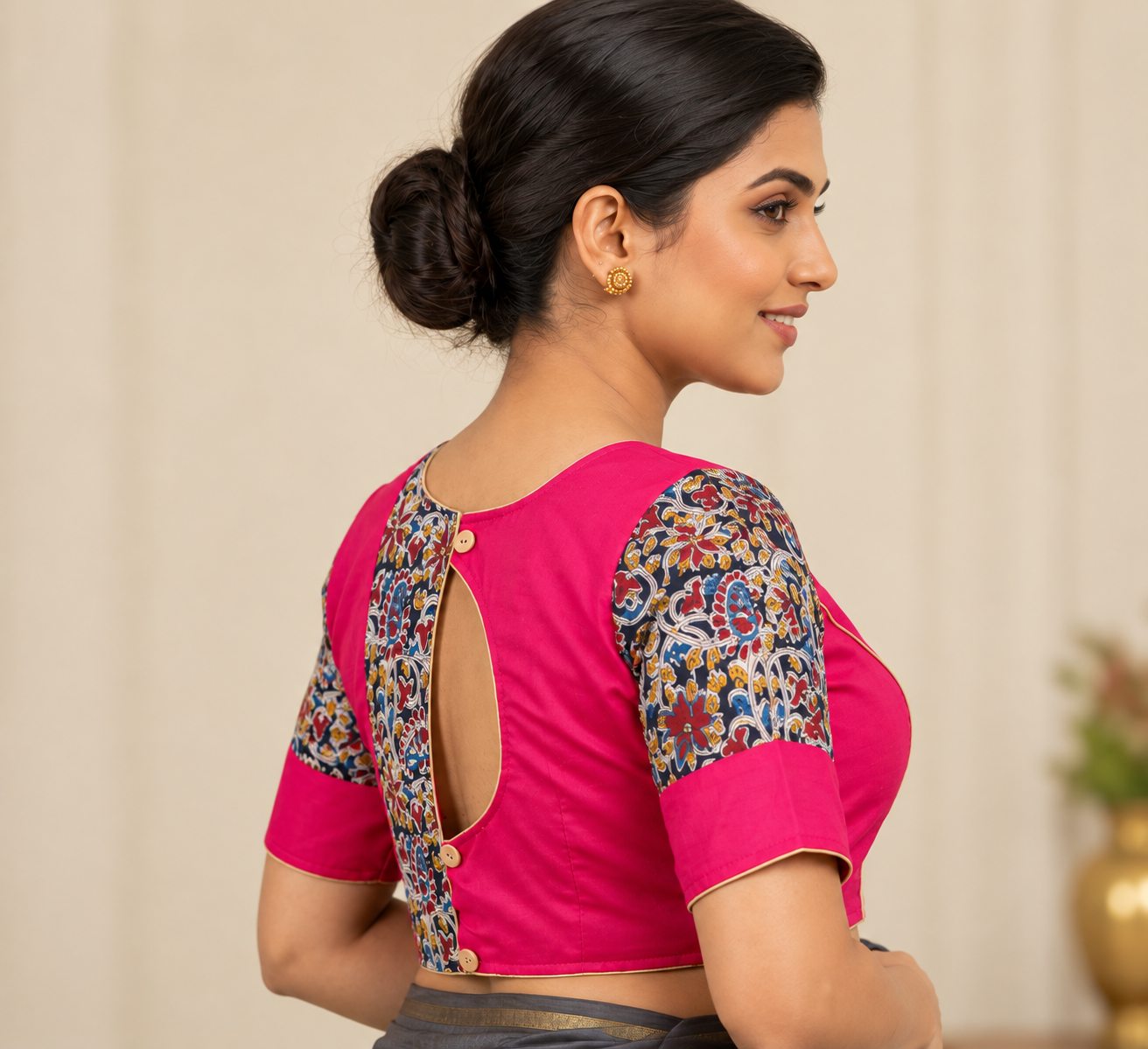 Fuchsia Pink Designer Saree Blouse with Printed Sleeves and Keyhole Back Design