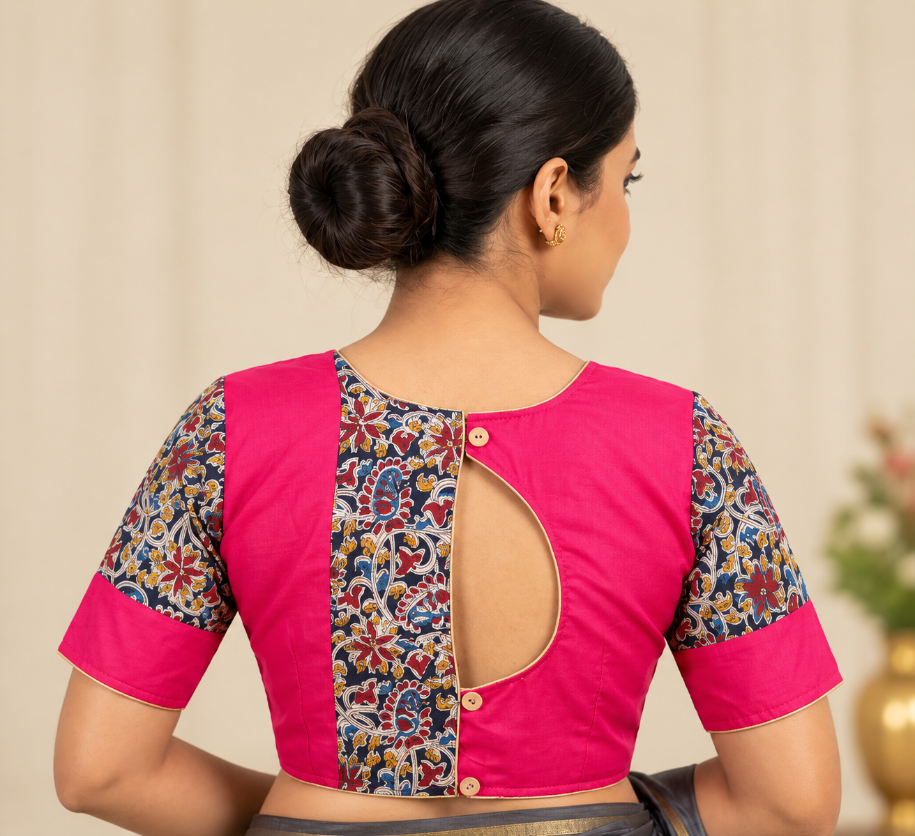 Fuchsia Pink Designer Saree Blouse with Printed Sleeves and Keyhole Back Design Thumbnail
