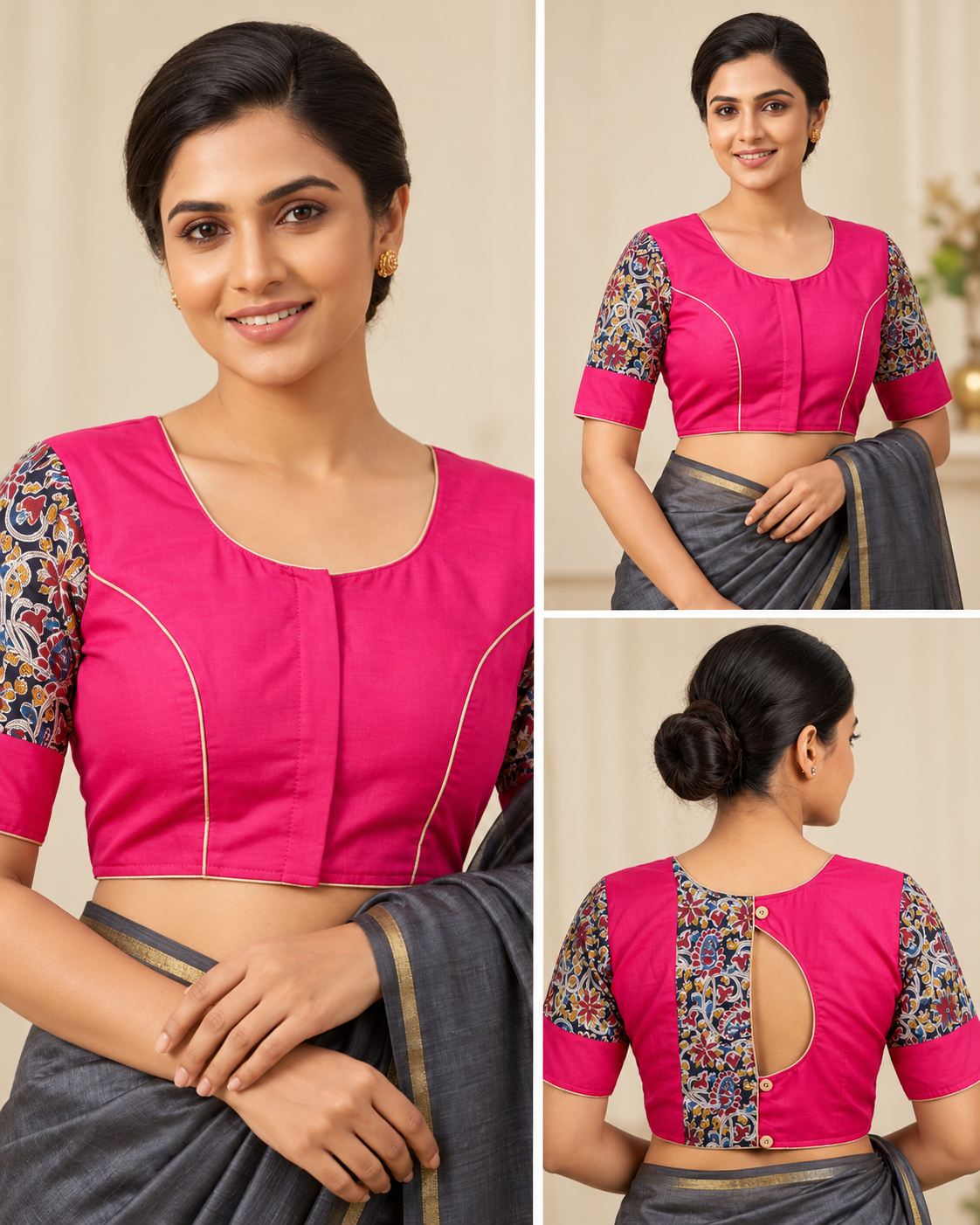 Fuchsia Pink Designer Saree Blouse with Printed Sleeves and Keyhole Back Design Thumbnail