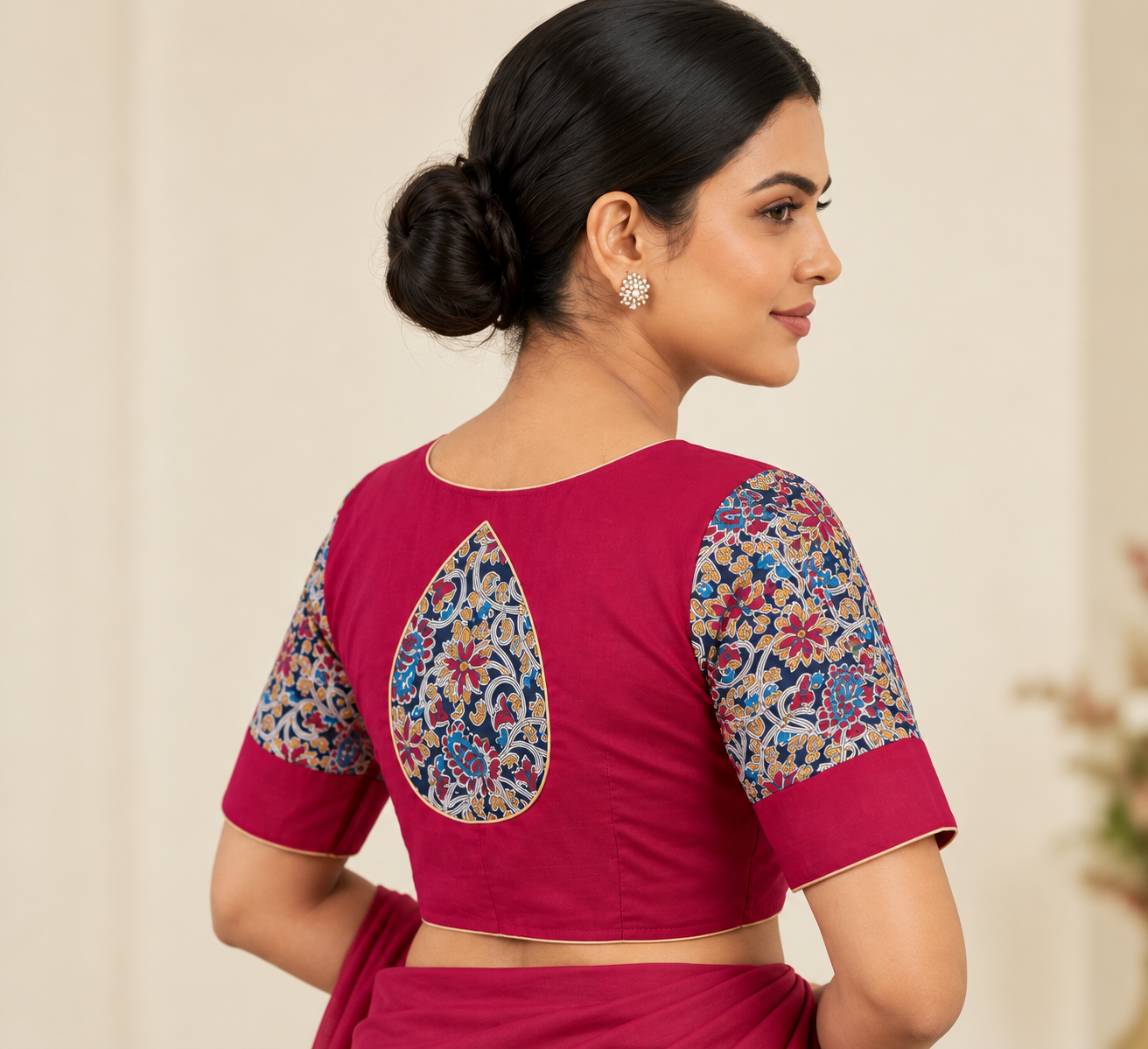 Magenta Designer Saree Blouse with Printed Sleeves and Teardrop Back Design