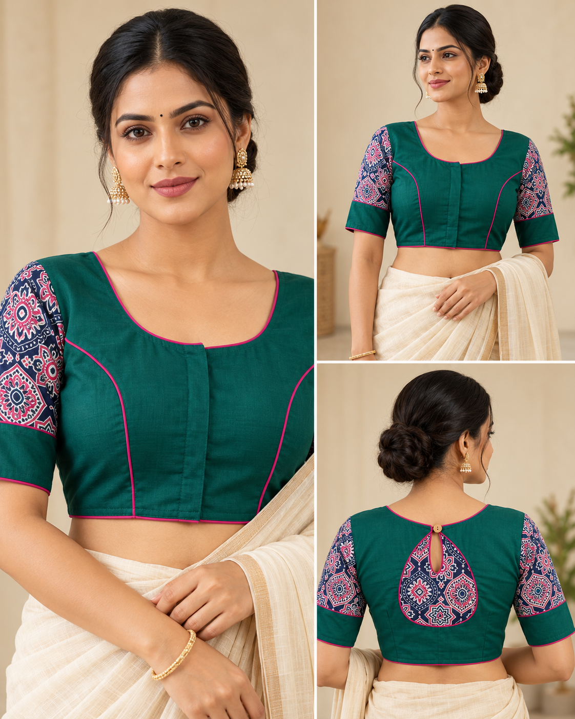 Teal Green Designer Saree Blouse with Printed Sleeves and Keyhole Back Thumbnail