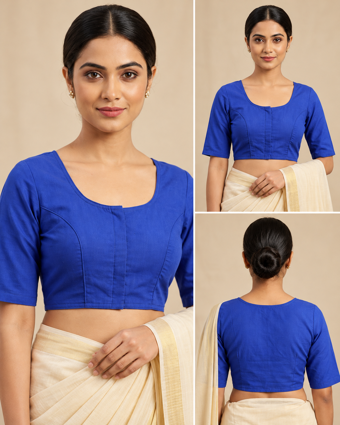 Royal Blue Designer Saree Blouse for Women with Round Neck and Elbow Sleeves Thumbnail