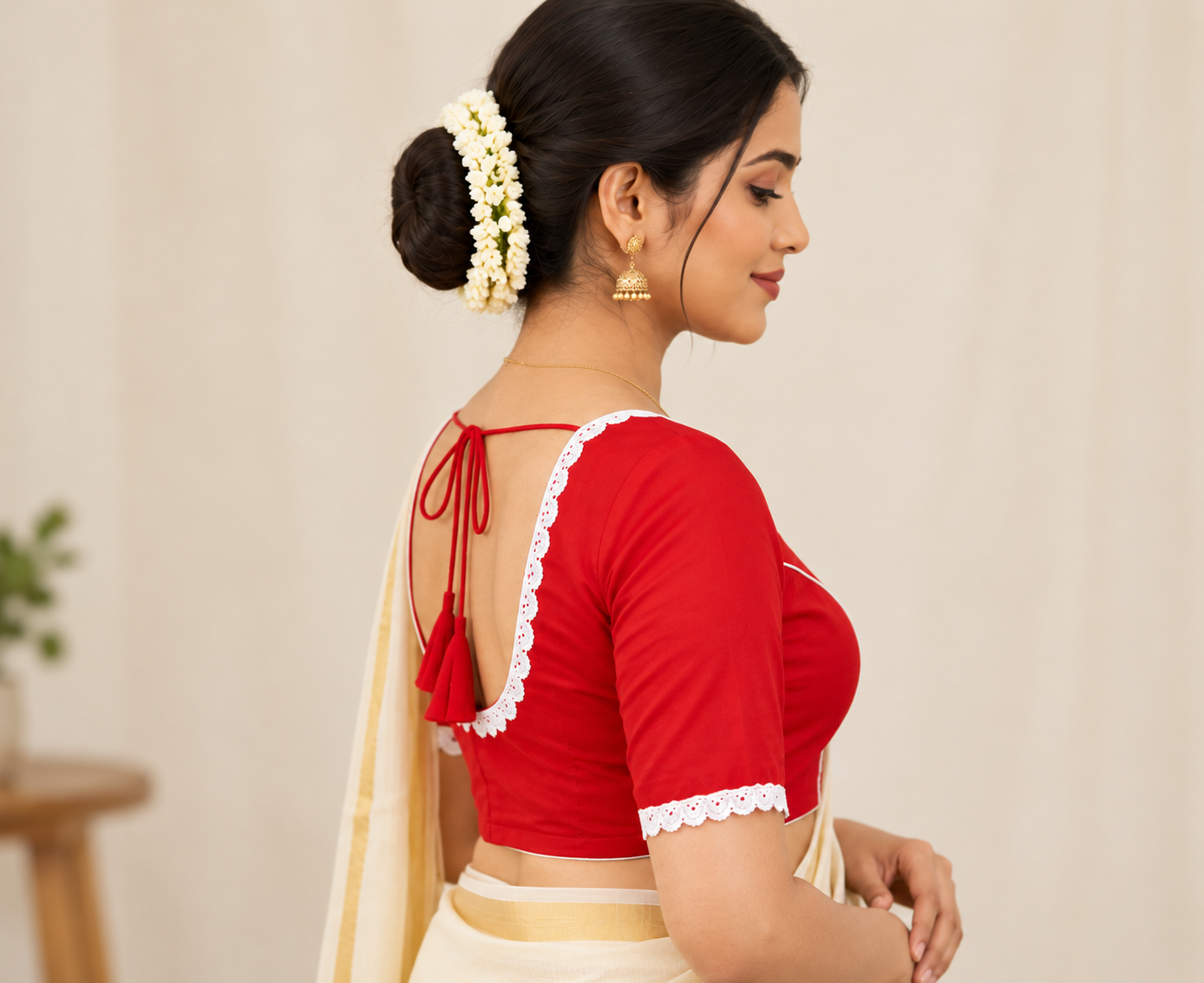 Red Designer Saree Blouse for Women with White Lace, Round Neck and Back Dori Tassels Thumbnail