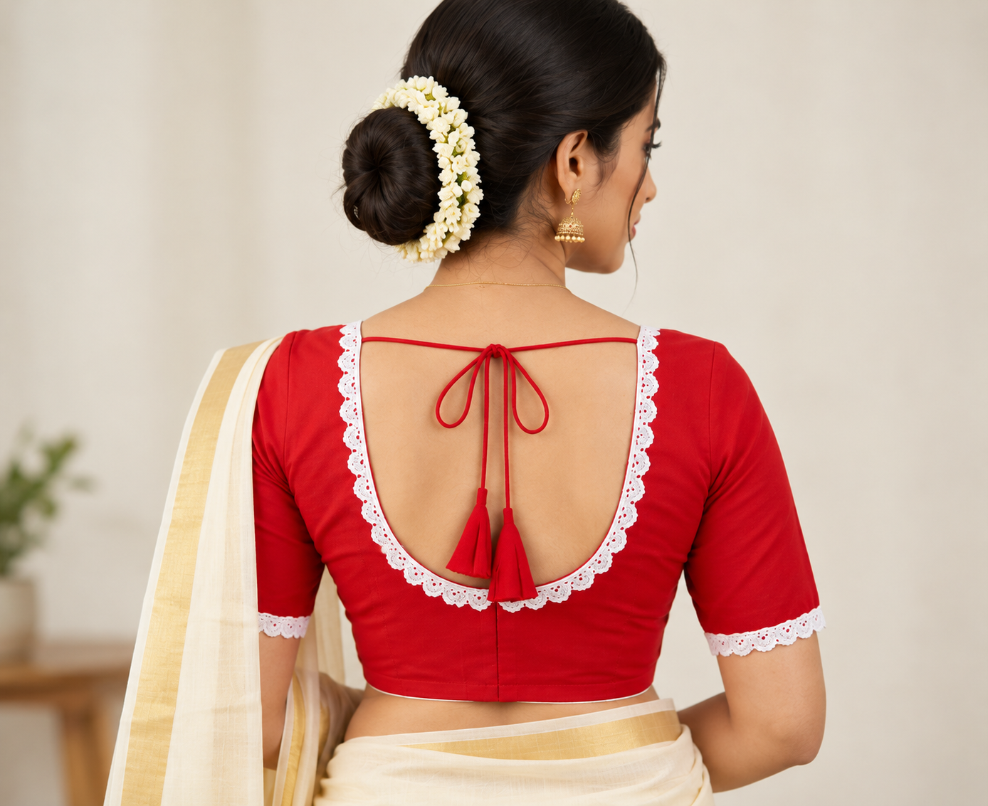 Red Designer Saree Blouse for Women with White Lace, Round Neck and Back Dori Tassels Thumbnail