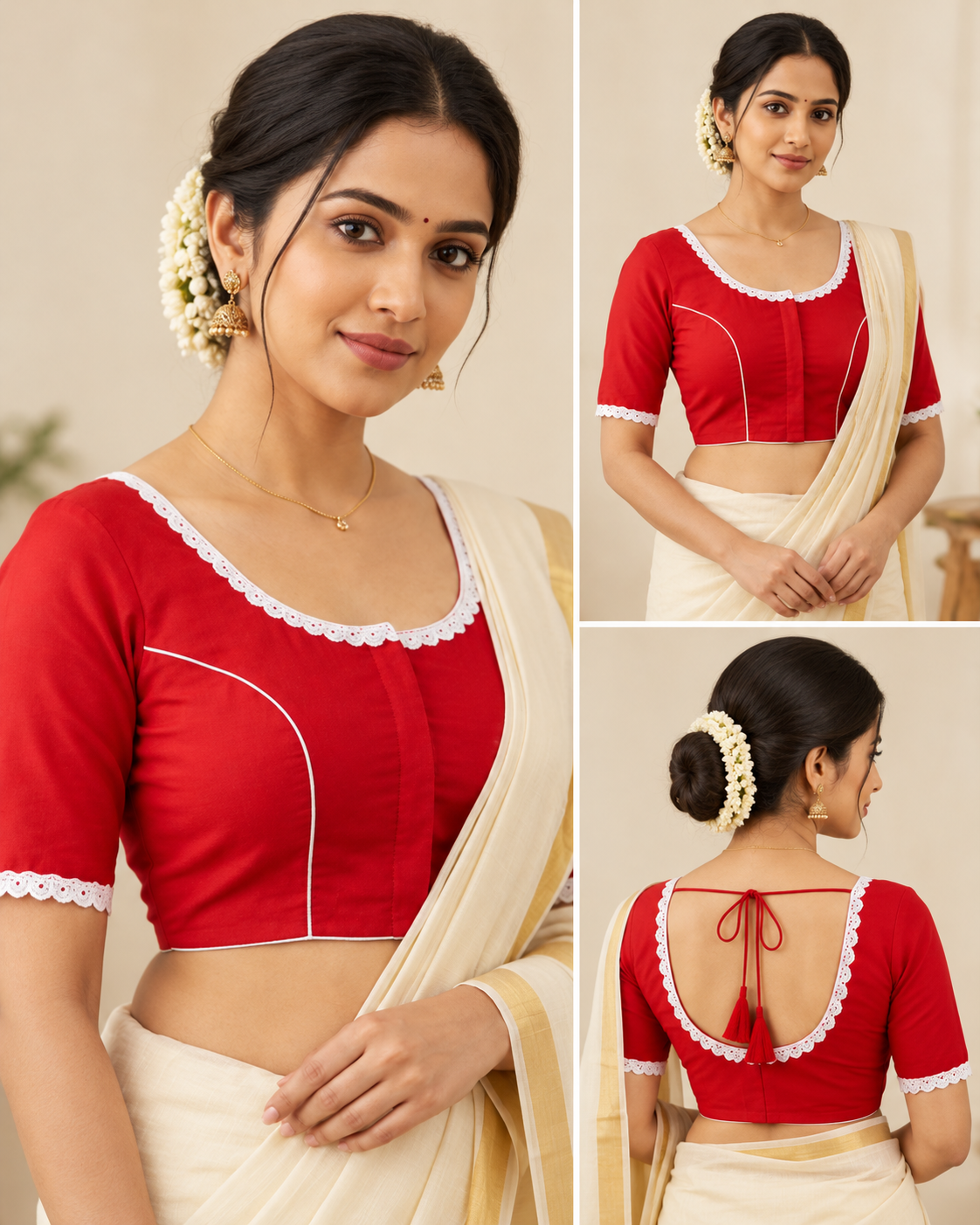 Red Designer Saree Blouse for Women with White Lace, Round Neck and Back Dori Tassels Thumbnail