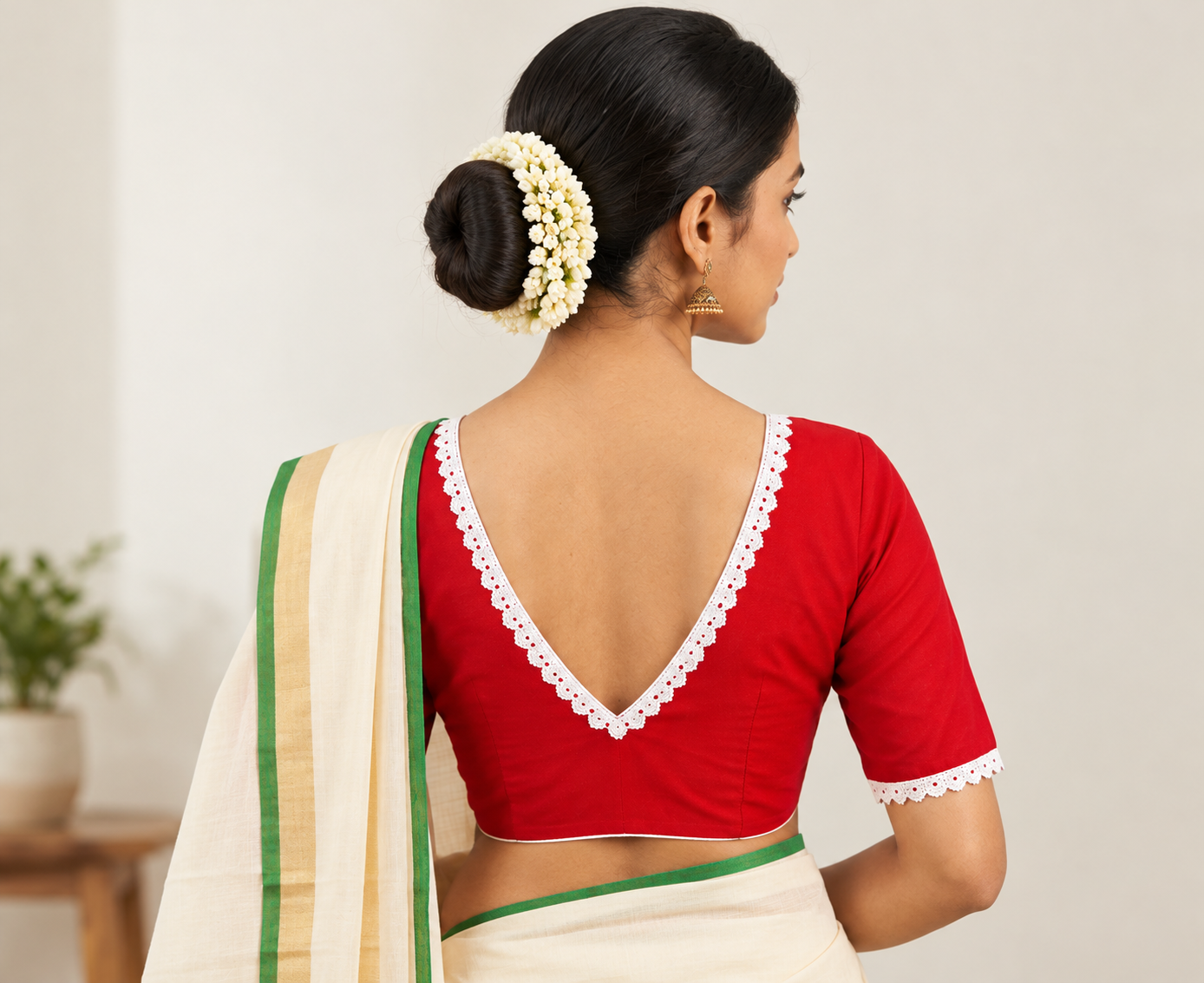 Red Designer Saree Blouse for Women with White Lace and Deep V-Back Thumbnail
