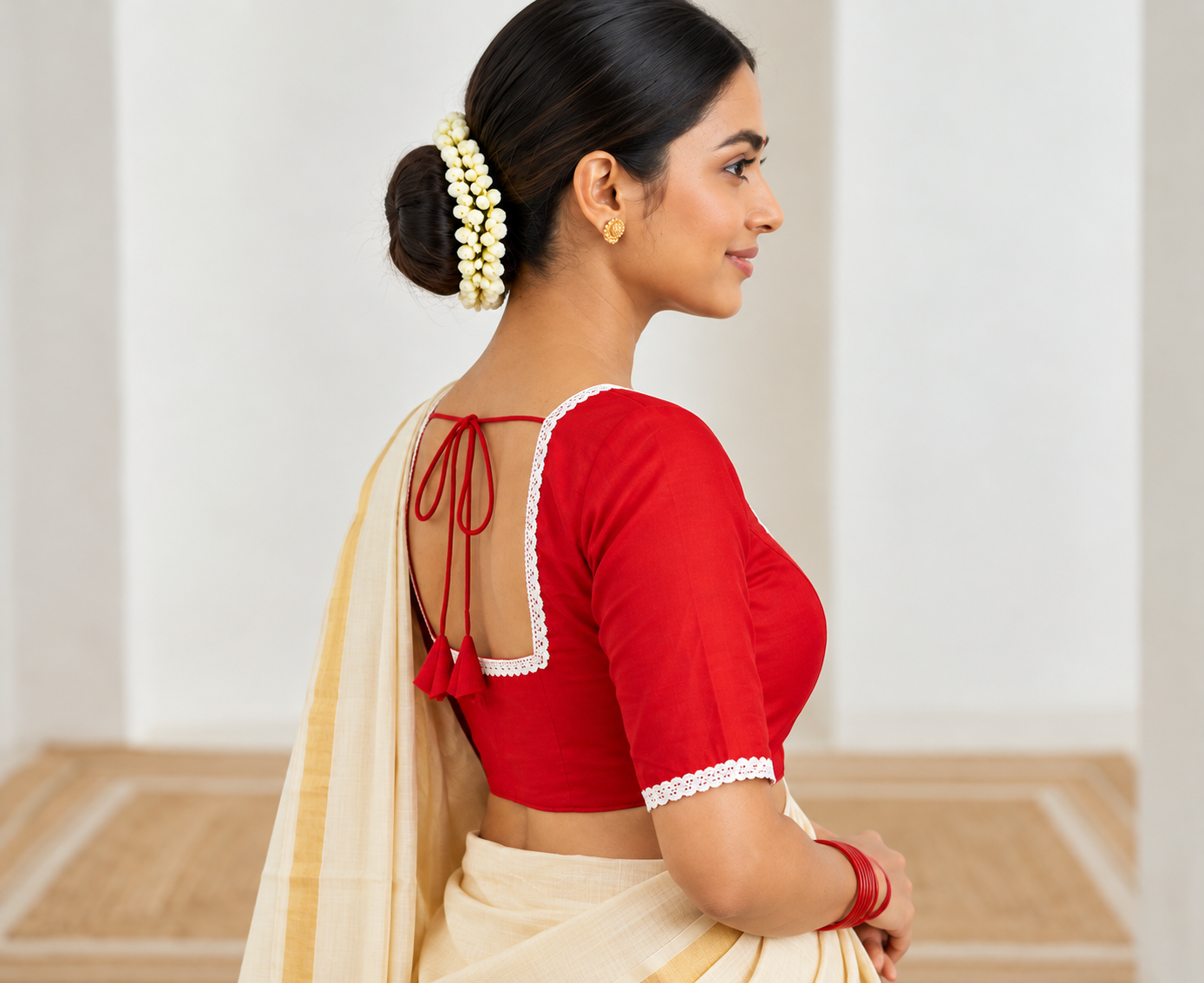 Women’s Red Designer Blouse with White Lace, Square Neck & Back Dori Tie-Up