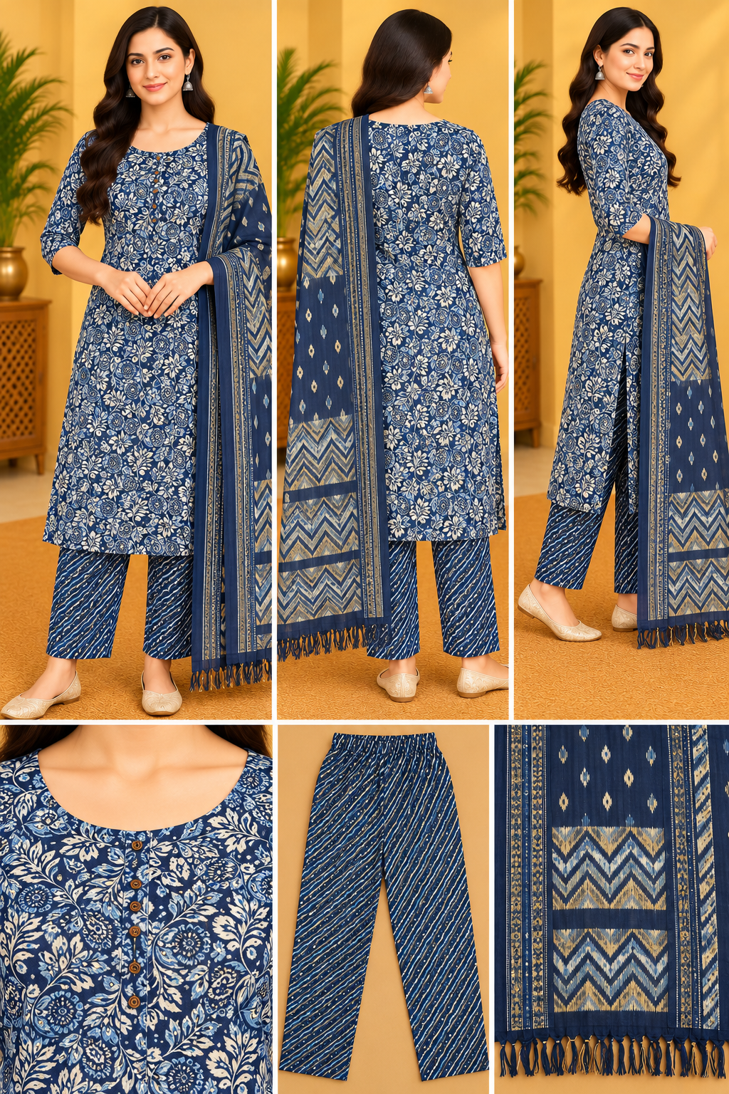 Navy Blue Floral Printed Kurta Pant Set for Women