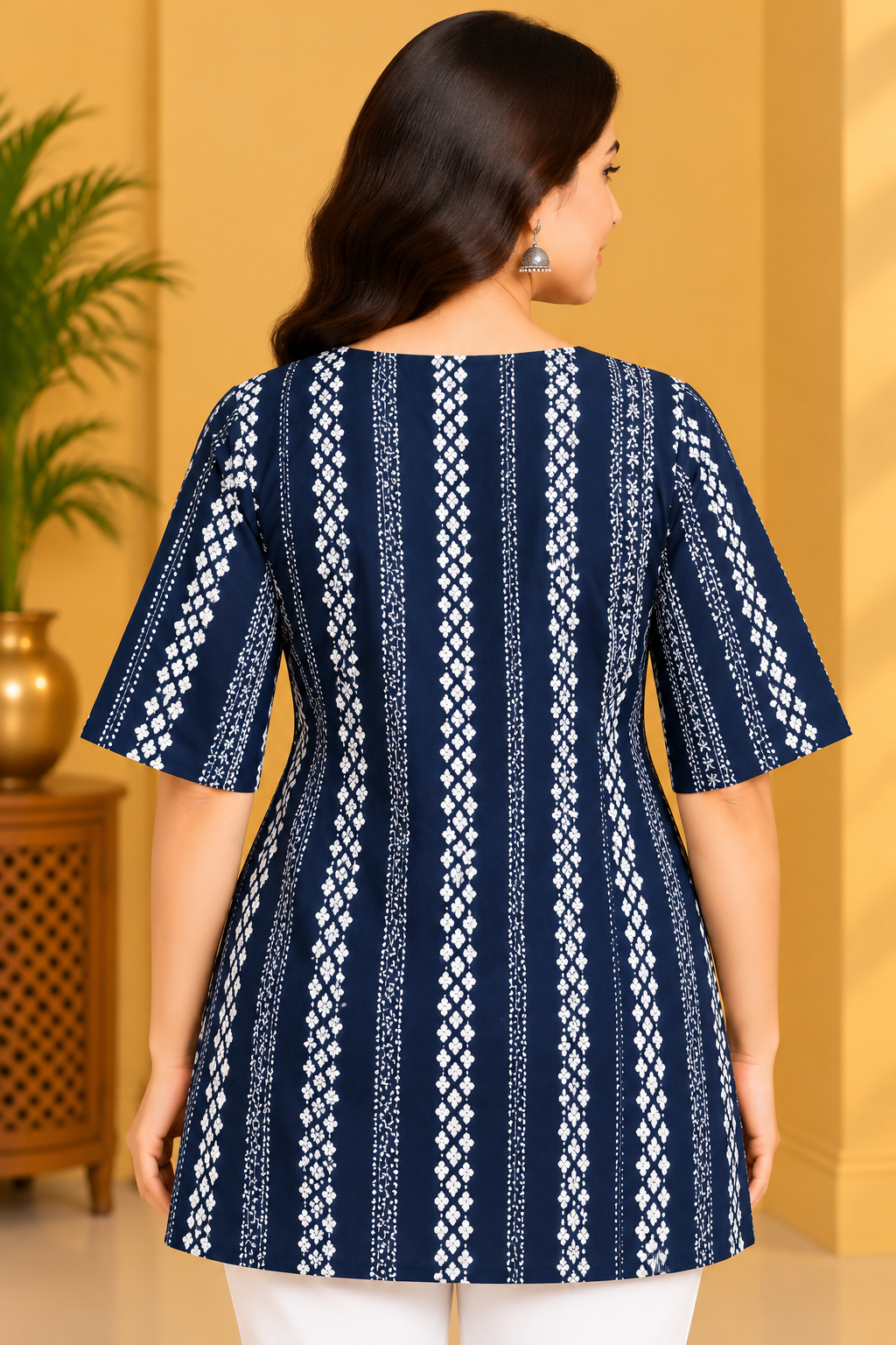 Women's Navy Blue Printed Short Top with White Floral Stripes & Embroidered Yoke Thumbnail