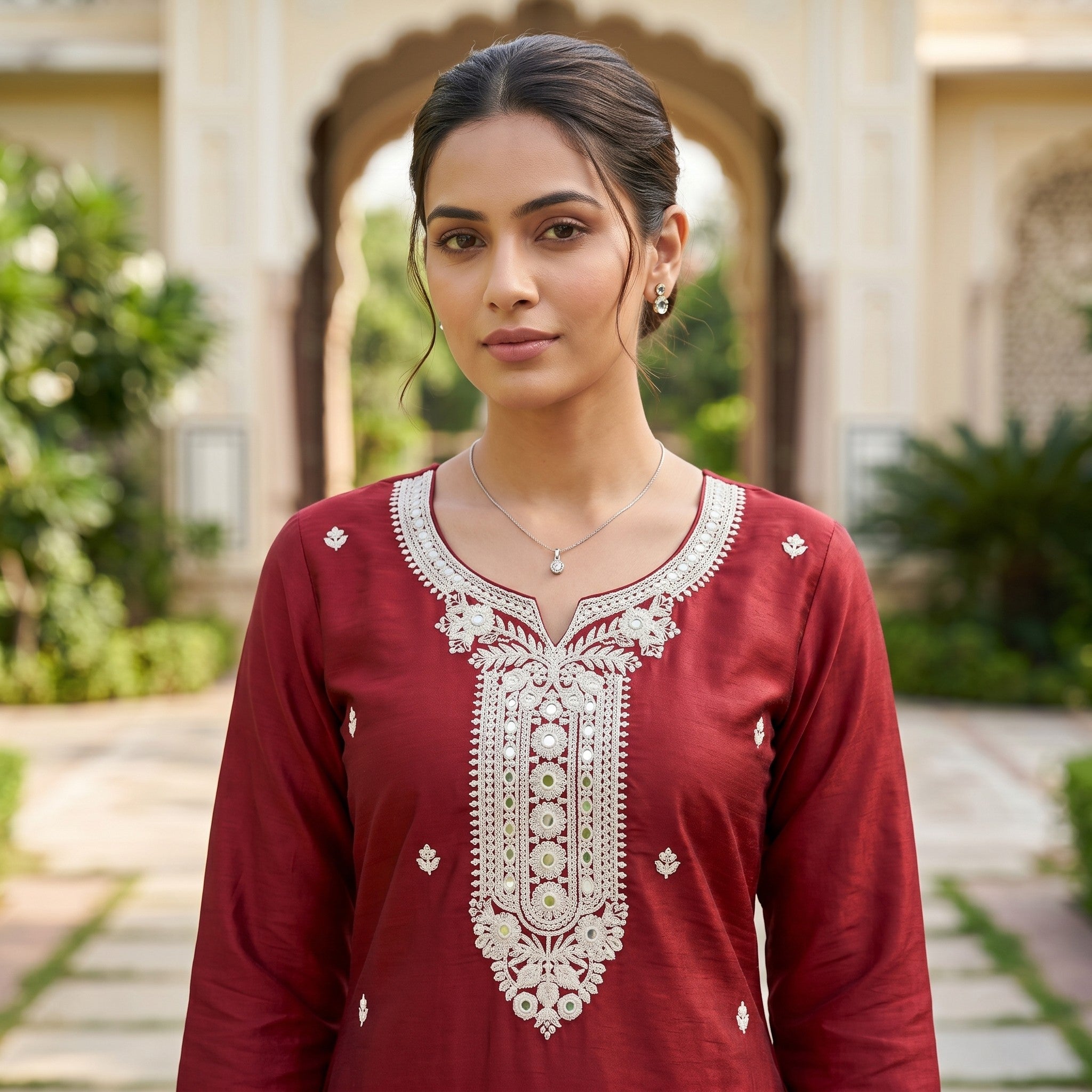 Red Cotton Embroidered Kurti for Women (Straight Fit) Thumbnail