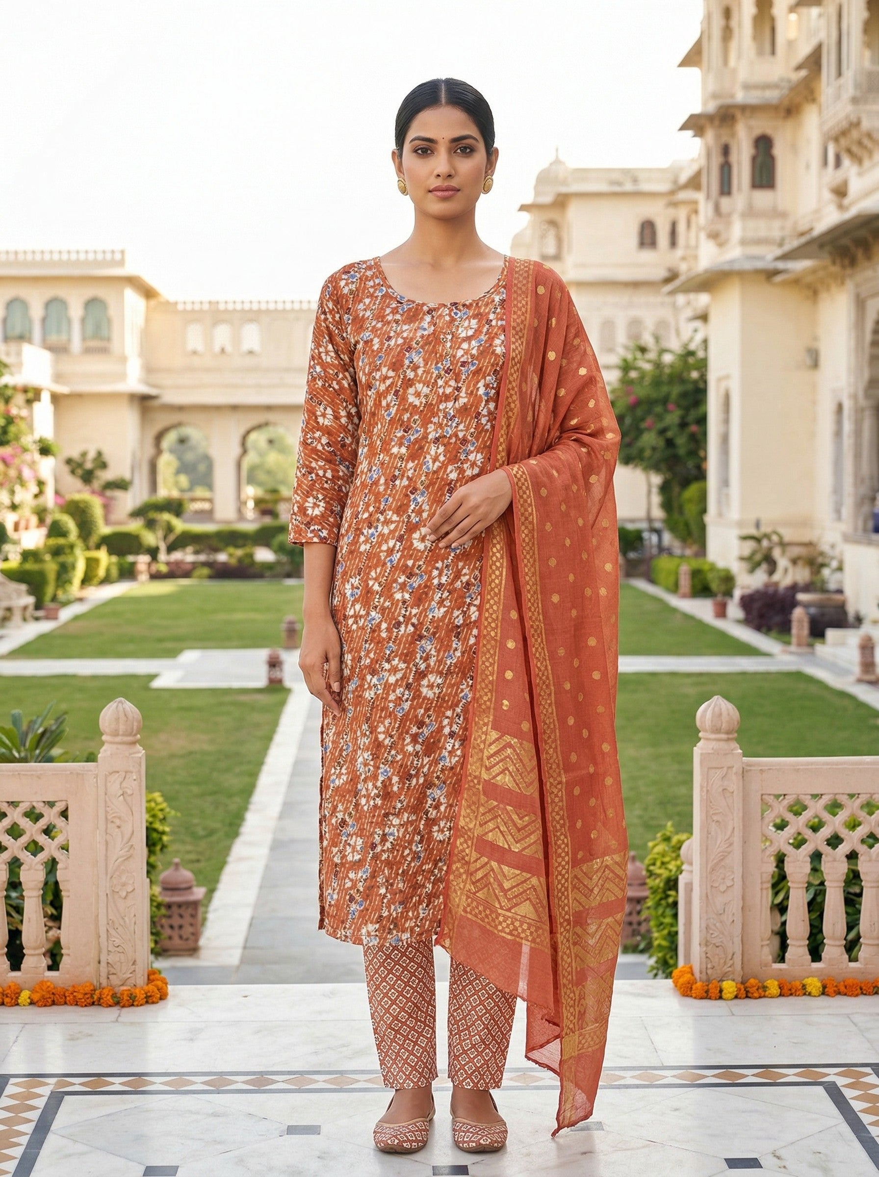 Rust Orange Cotton Printed Kurti Pant Dupatta Set (3 Pc Ethnic Set) Thumbnail