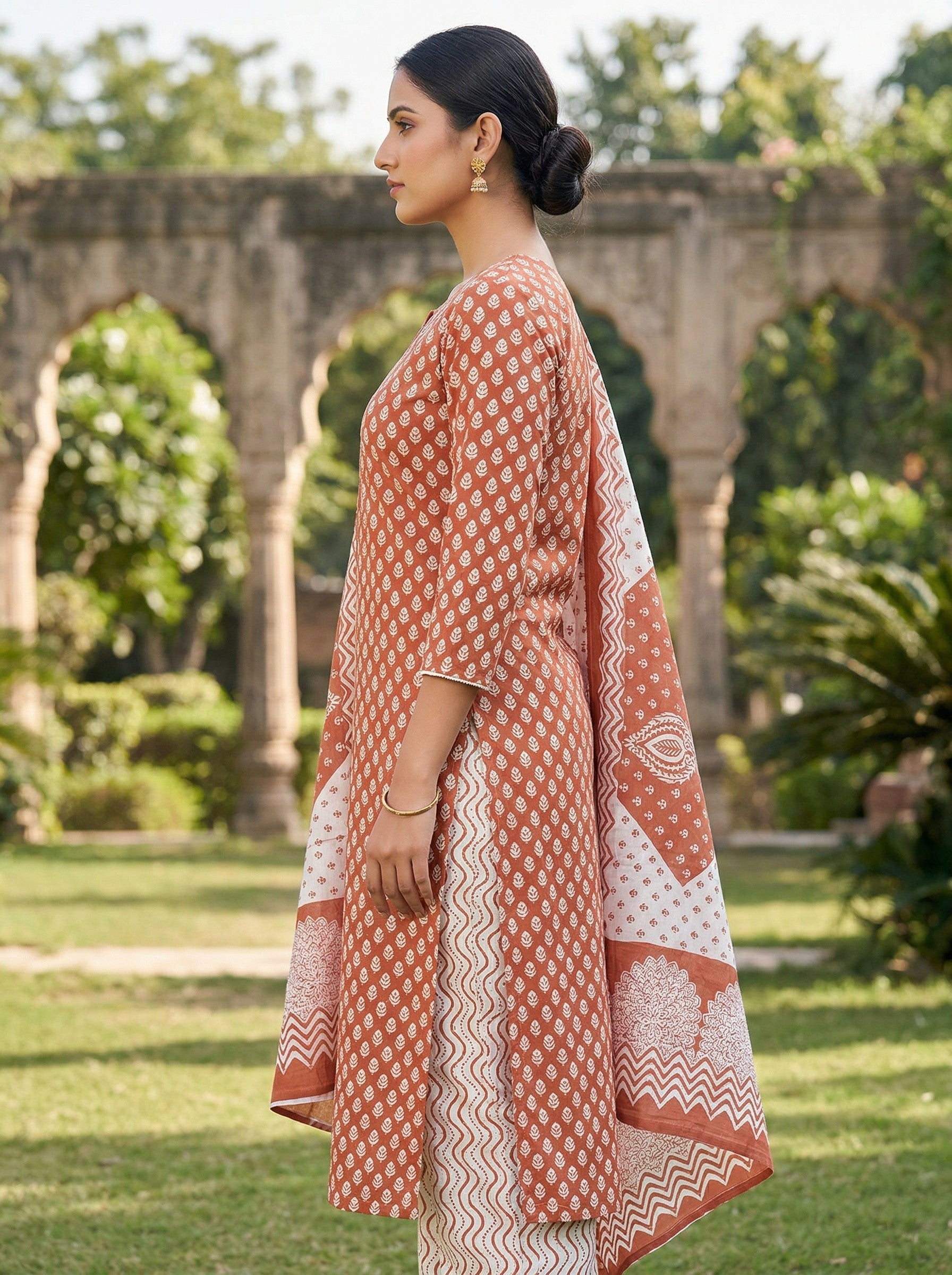 Rust Brown Cotton Printed Kurti Pant Dupatta Set (3 Pc Ethnic Set) Thumbnail