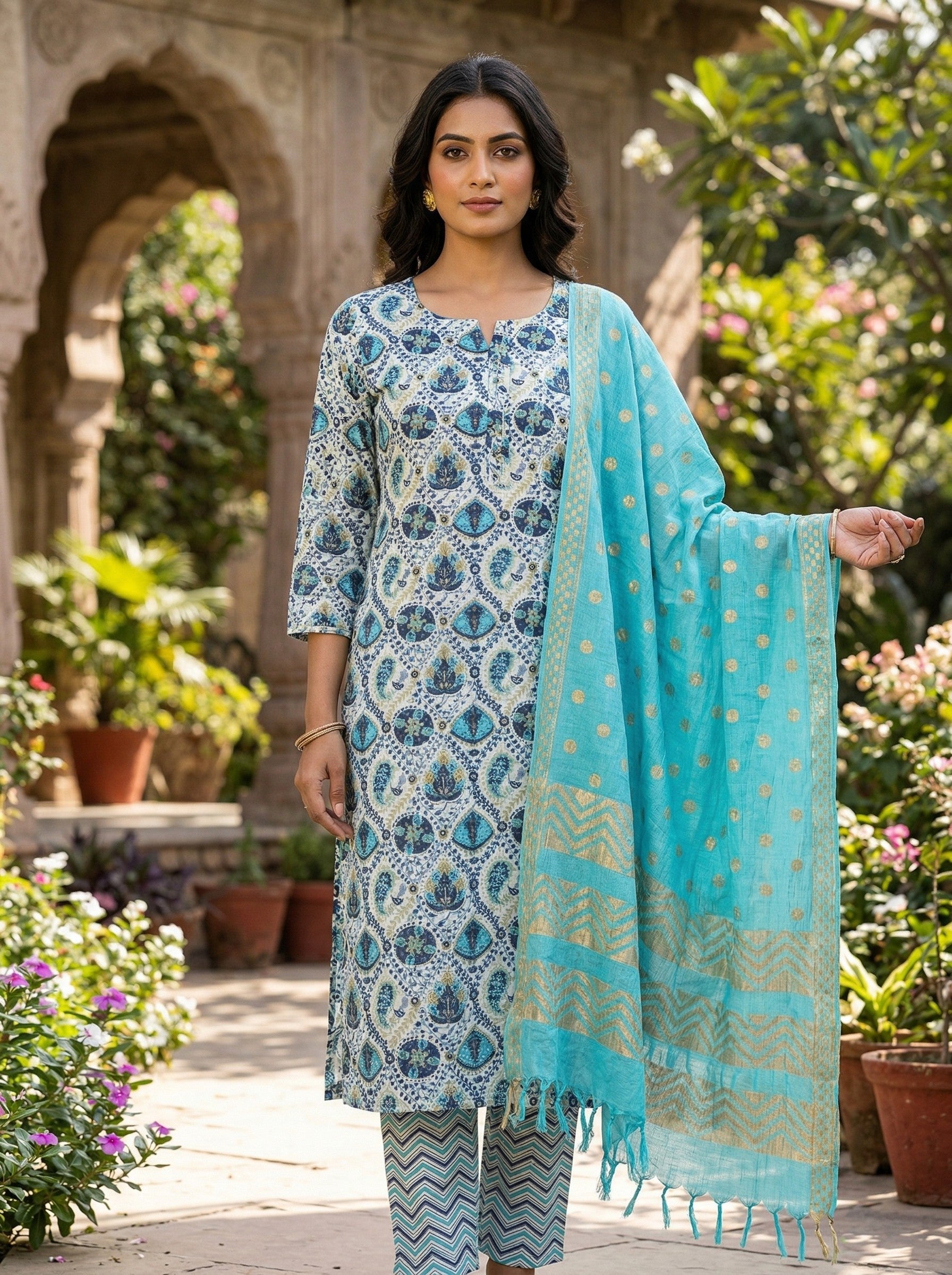 Sky Blue Cotton Printed Kurti Pant Dupatta Set (3 Pc Ethnic Set) Thumbnail