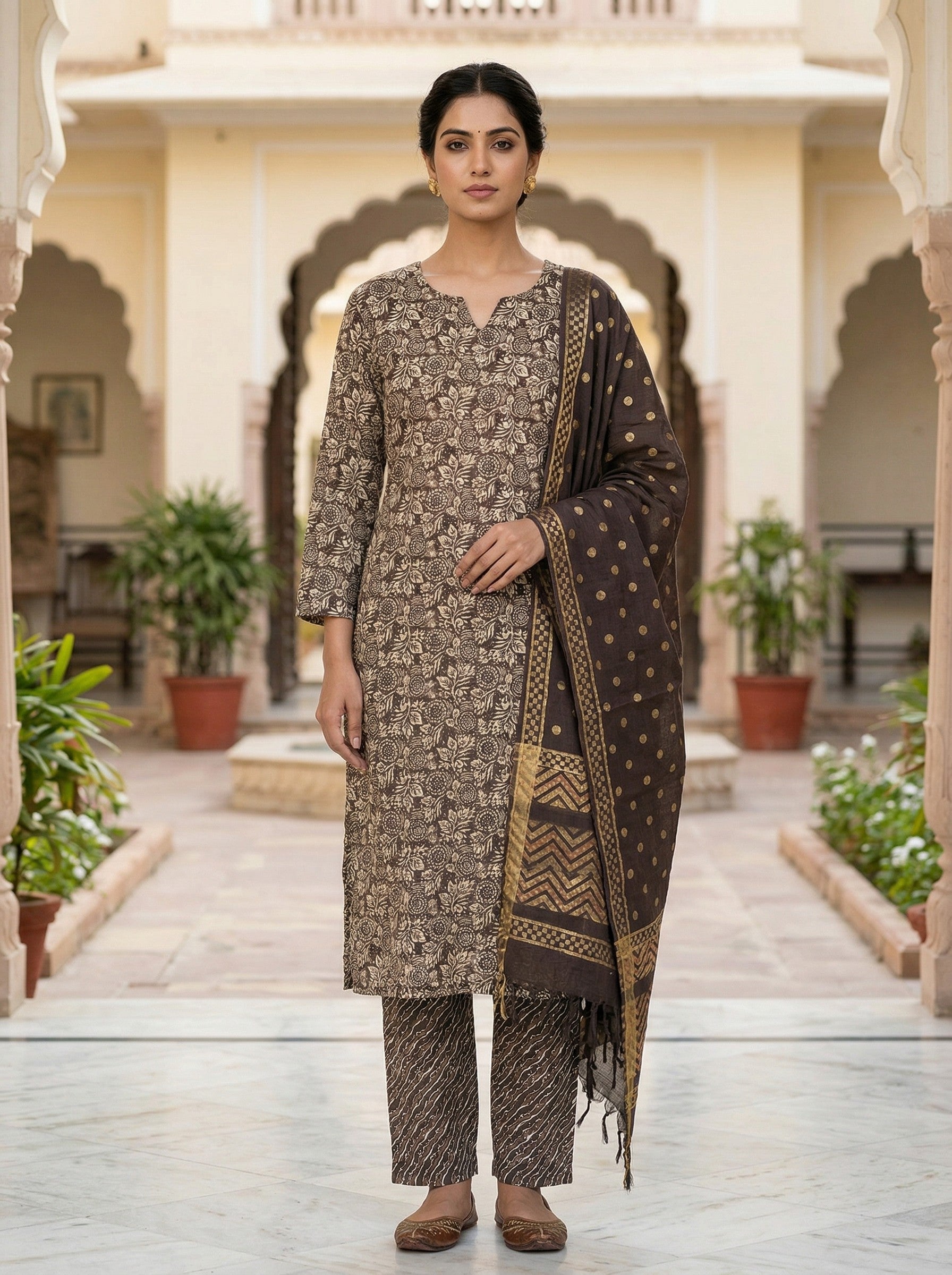 Brown Cotton Printed Kurti Pant Dupatta Set (3 Pc Ethnic Set) Thumbnail