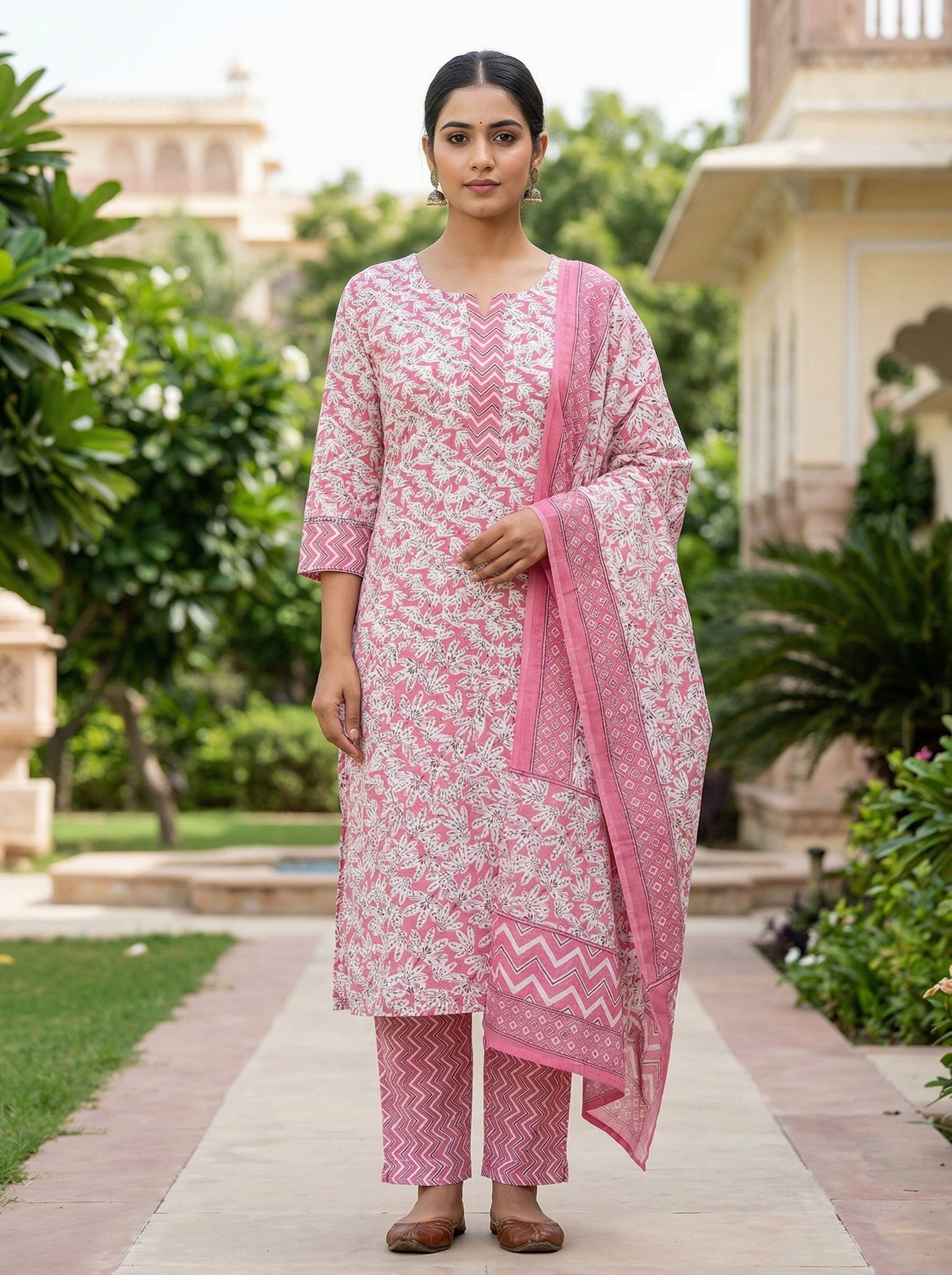 Pink Cotton Printed Kurti Pant Dupatta Set (3 Pc Ethnic Set) Thumbnail