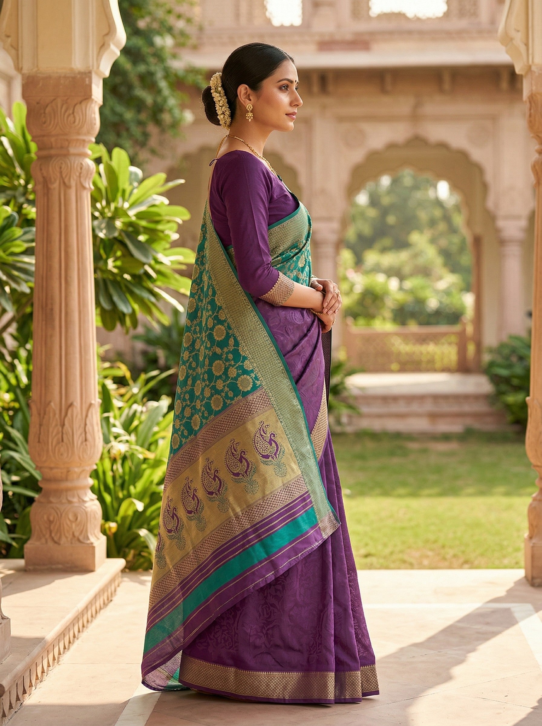 Teal Green & Purple Banarasi Style Silk Saree with Zari Border & Pallu Thumbnail