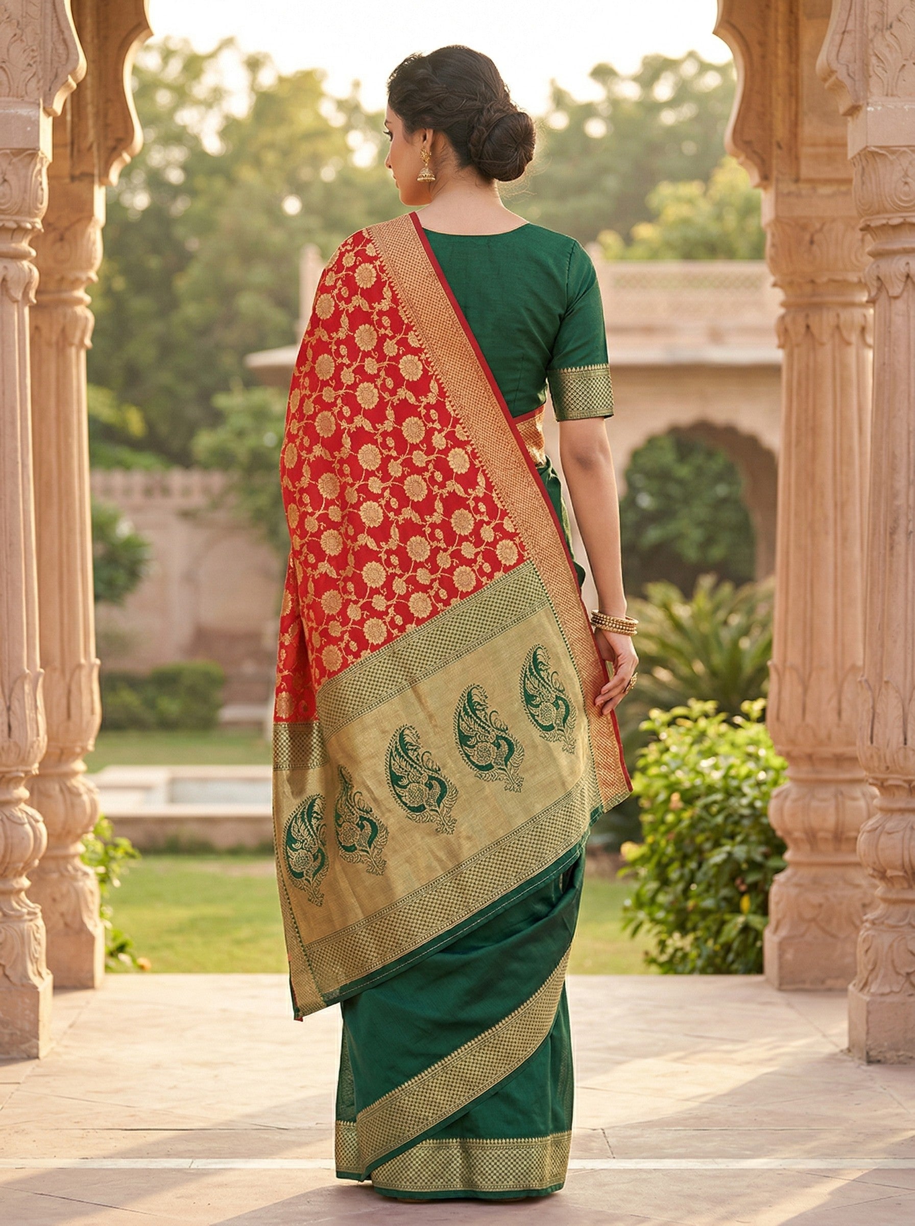Red Green Banarasi Style Silk Saree with Zari Border & Pallu Thumbnail