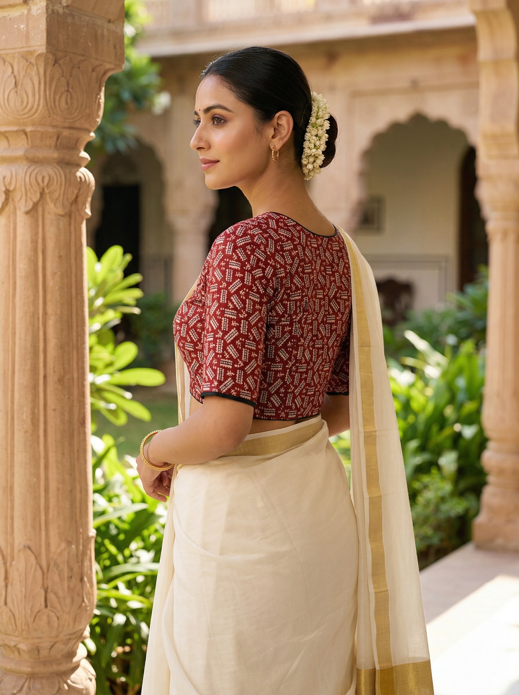 Red Cotton Printed Saree Blouse in Ajrakh Block Print (Size 30–42) Thumbnail