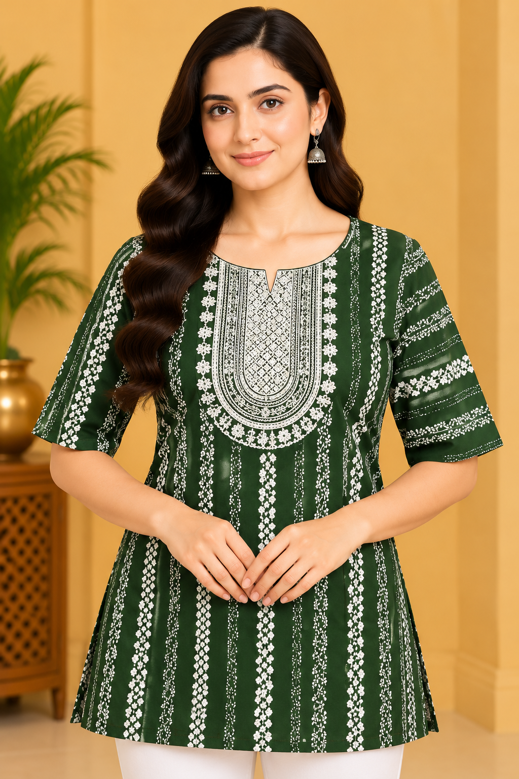 Women's Dark Green Printed Short Top with White Floral Stripes & Embroidered Neckline Thumbnail
