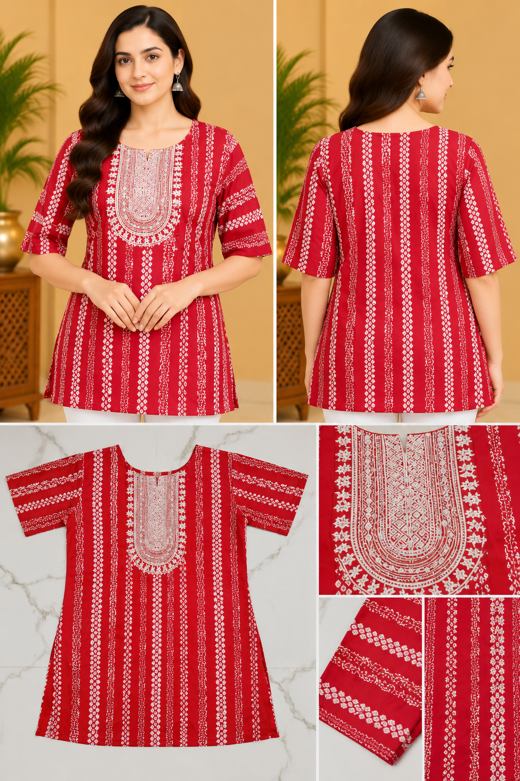 Women's Red & White Printed Ethnic Short Top with Embroidered Yoke