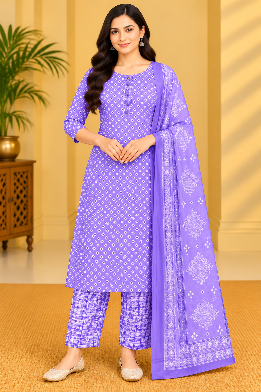 Women's Lavender Purple Printed Kurta Pant Set with Dupatta Thumbnail