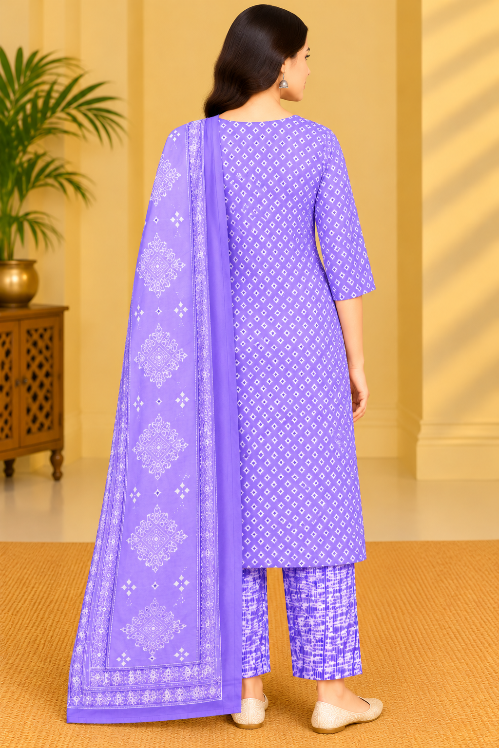 Women's Lavender Purple Printed Kurta Pant Set with Dupatta Thumbnail