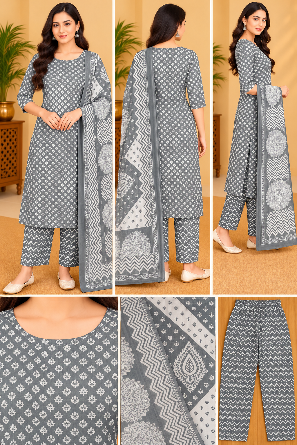 Grey & White Printed Cotton Kurta Pant Set with Dupatta for Women