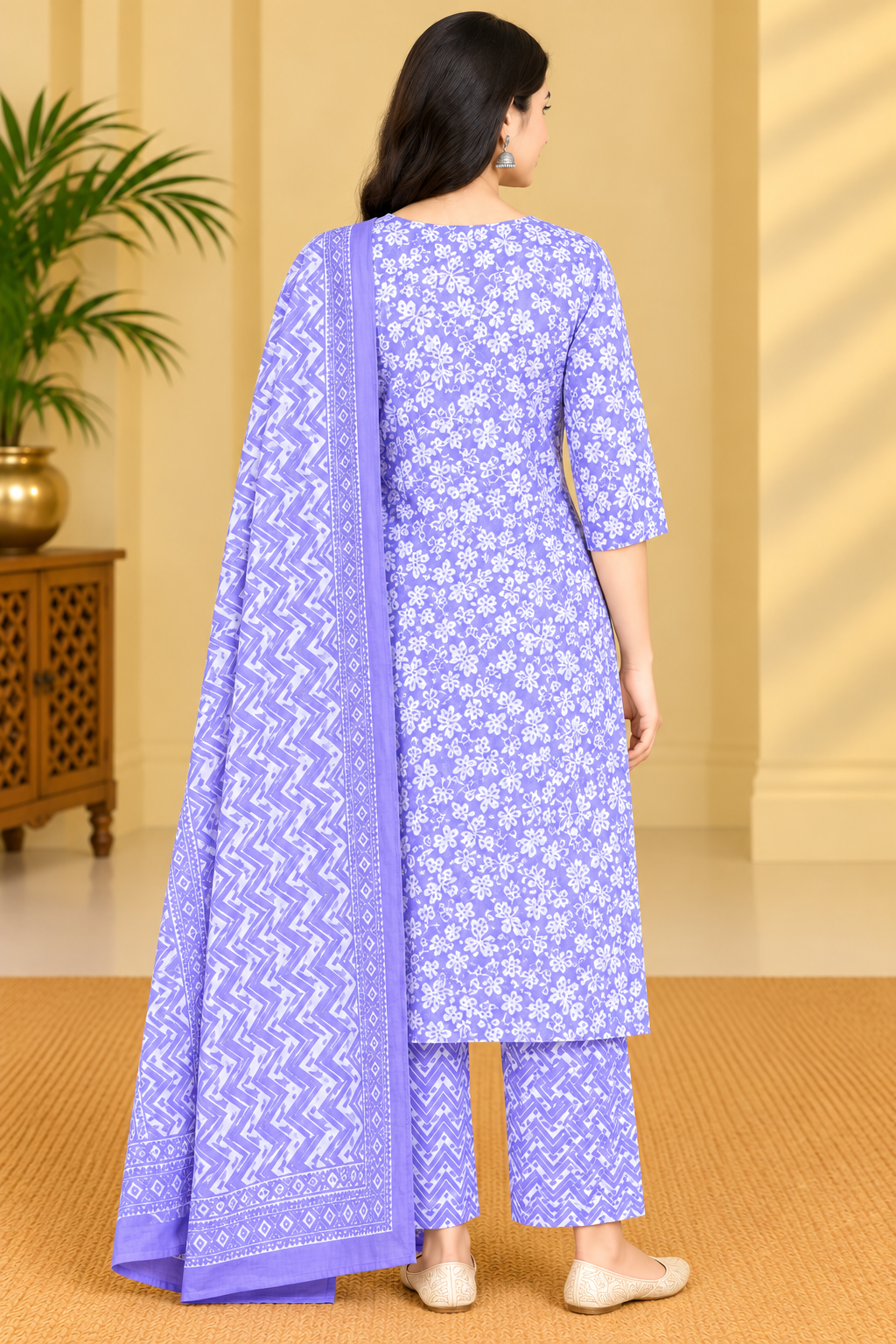 Lavender Purple Floral Printed Kurta Pant Set with Dupatta for Women Thumbnail