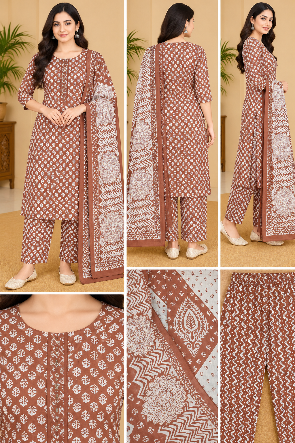 Rust Brown Floral Printed Kurta Pant & Dupatta Set for Women
