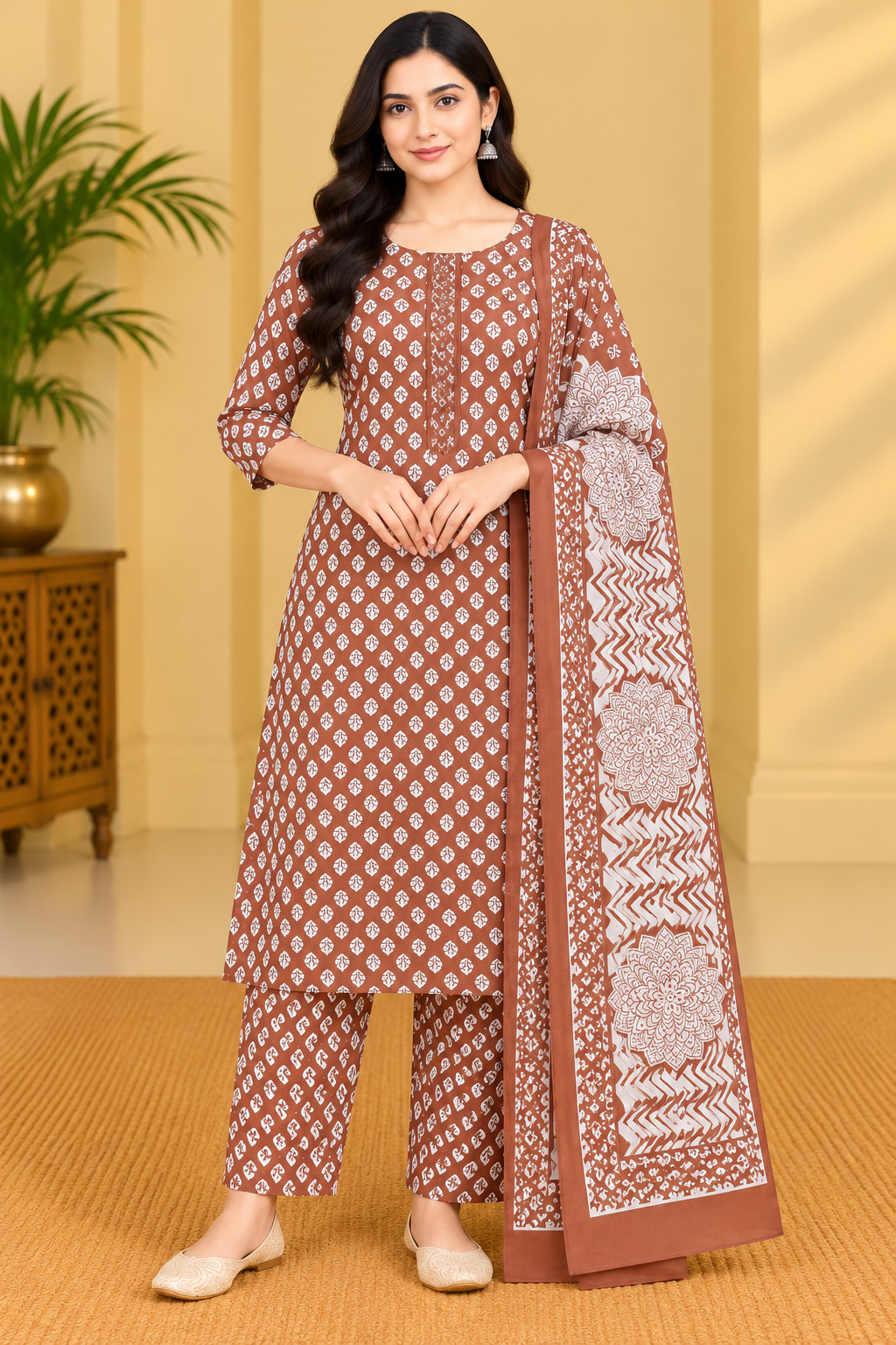 Rust Brown Floral Printed Kurta Pant & Dupatta Set for Women Thumbnail